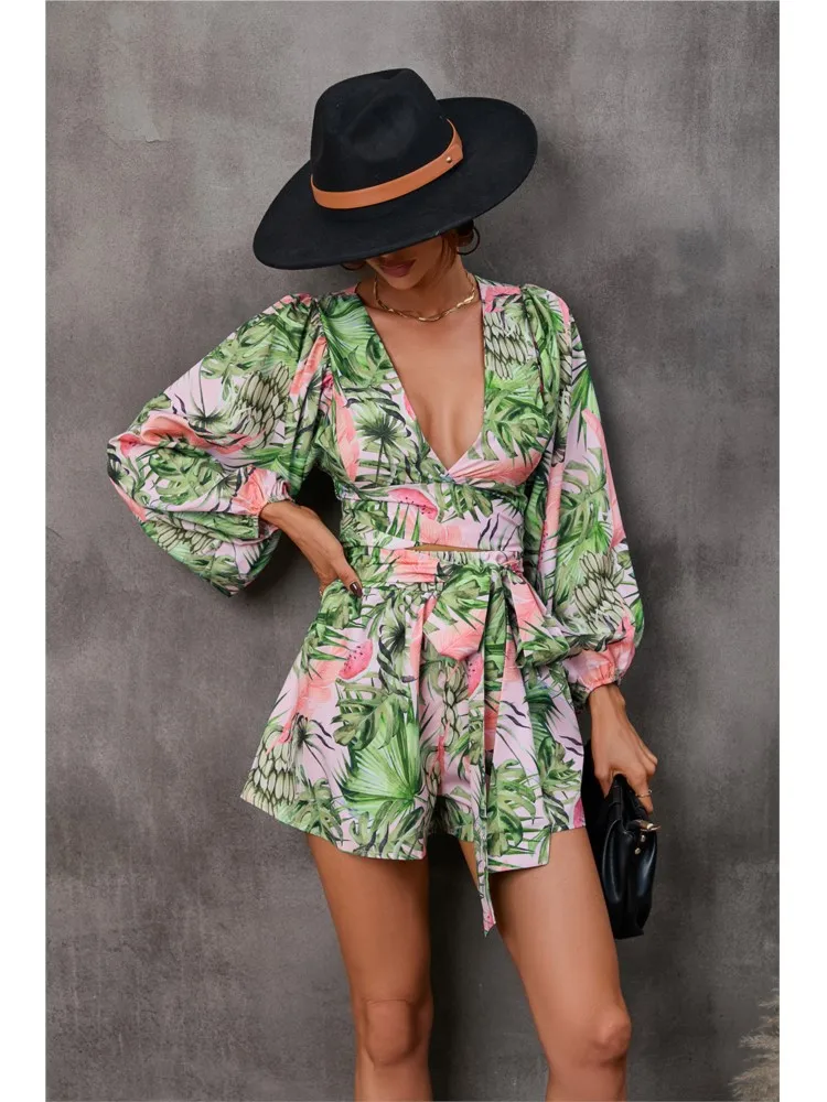 

Spring Autumn Flower Printed Jumpsuits Short For Women Sexy V-neck Long Sleeve Casual Beach Holiday Bodysuits Fashion Trendy New