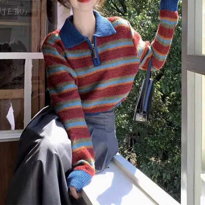 Women Striped Lapel Cropped Sweater 2026 Autumn Winter American Vintage Long Sleeve Knit Pullover Unique Casual Knitted Tops