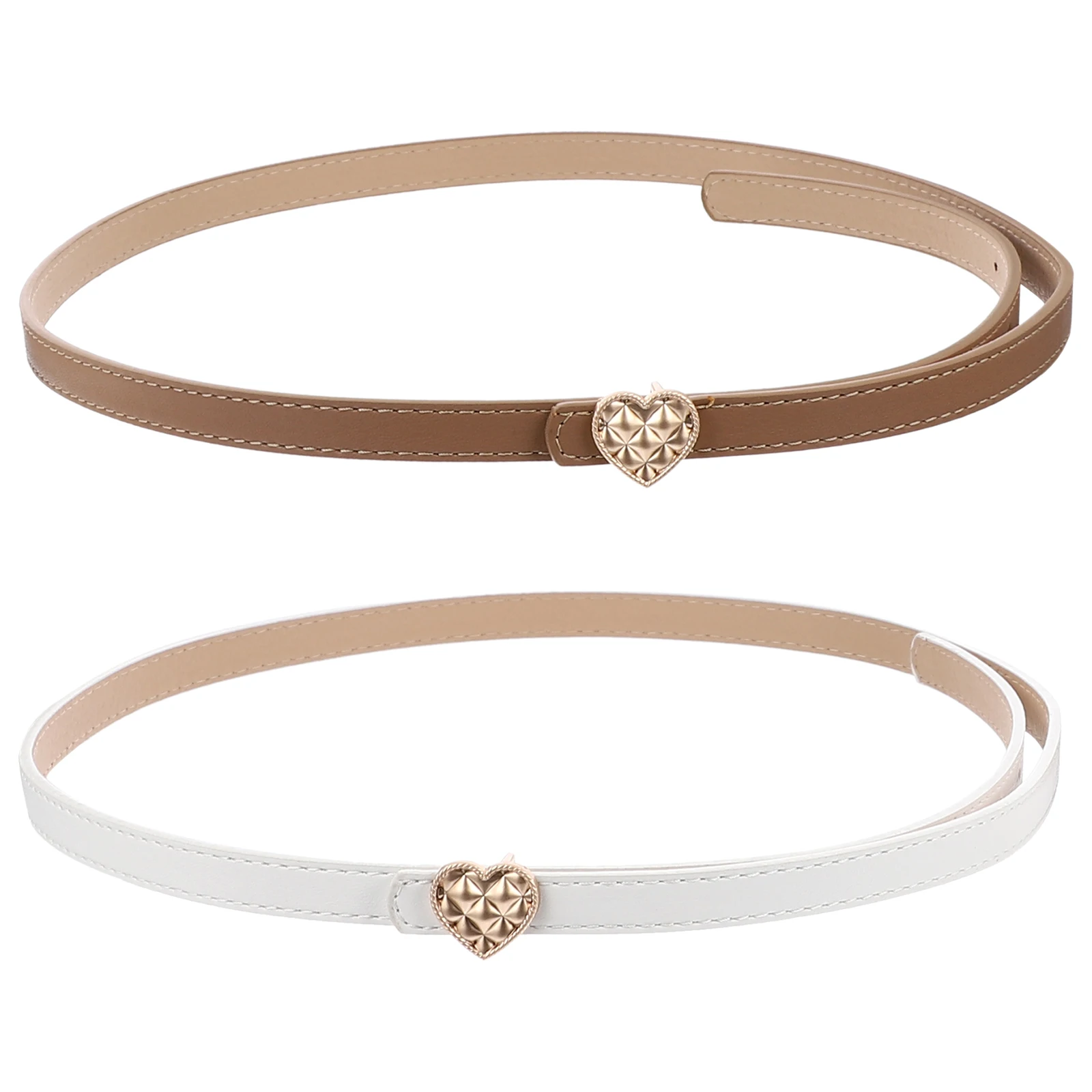 

2pcs Thin Women Waist Belt Heart Buckle Brown Imitation Stylish Elastic Decorative Female Belt Fashionable