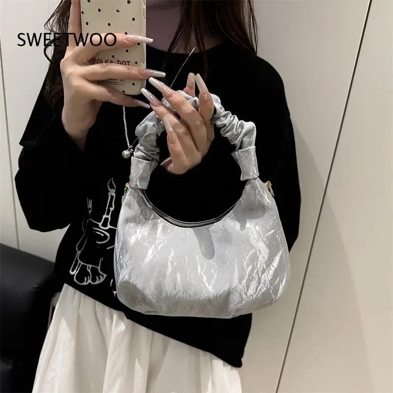2026 Wrinkled Satin Moon Shape Handbag Elegant Shoulder Bag Party Dating Outfit Bag