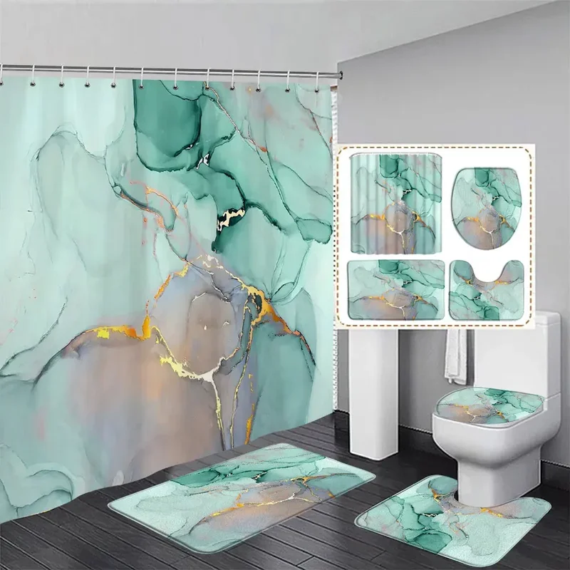 Marble free flow metal swirl texture shower curtain rug set natural luxury abstract fluid texture waterproof shower curtains set