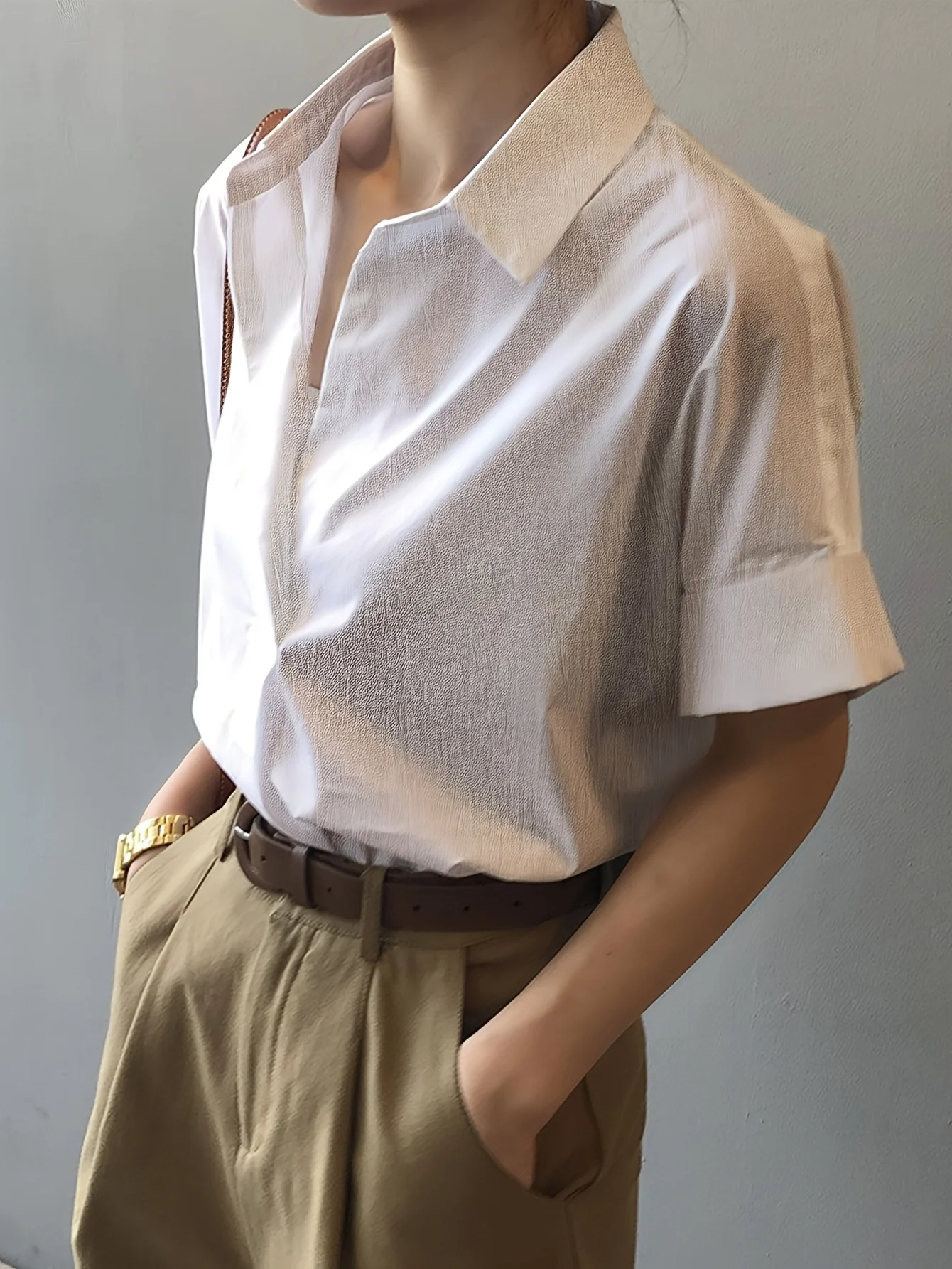 Korean V-neck pullover loose solid color shirt bat sleeve top for women