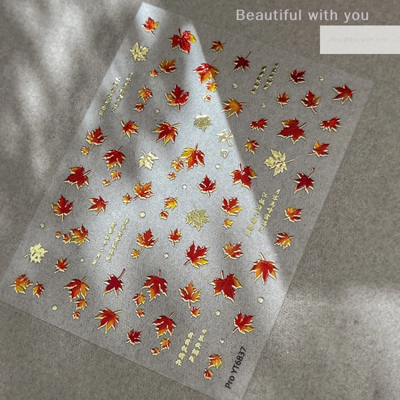 

Maple Leaf Style Autumn Nail Art Sticker; Gold Bronzing Red Leaf Nail Decal for Fashionable DIY Decoration