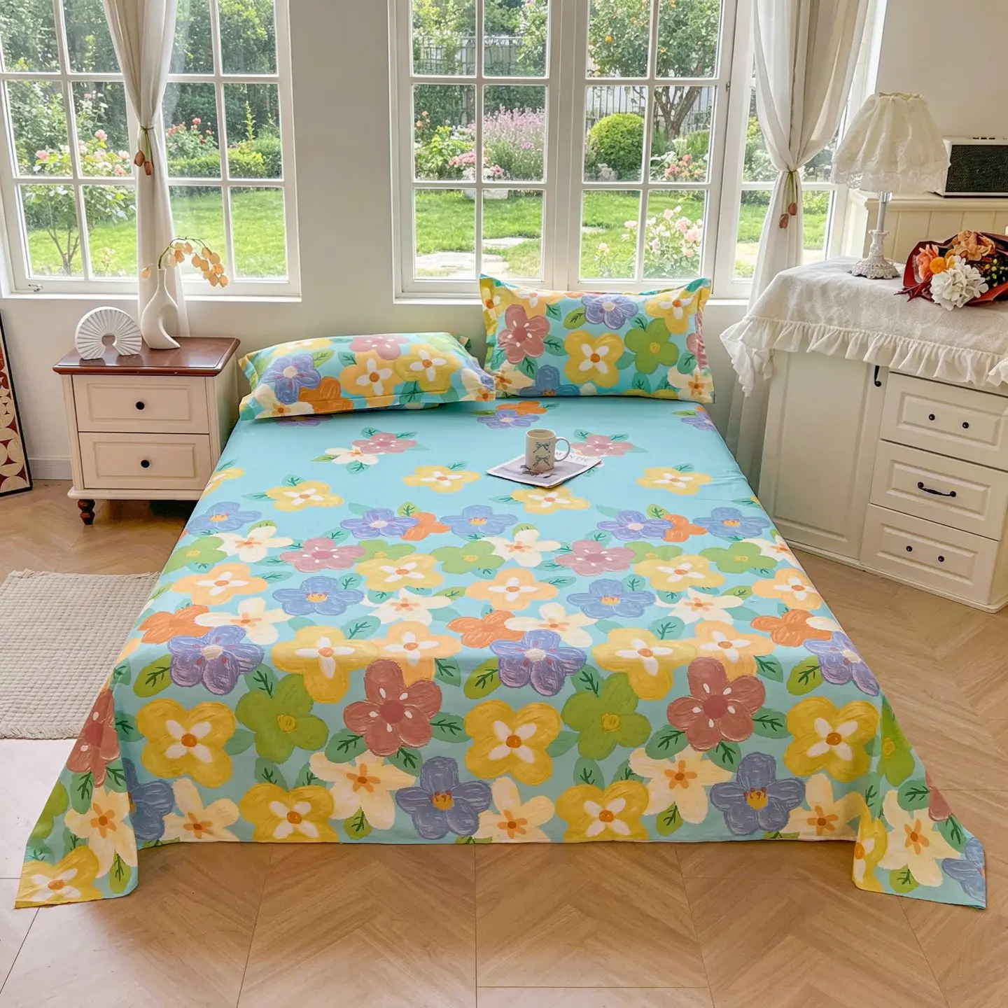 Lençol de Cama 100% Algodão com Estampa Floral, Lençóis Planos de Algodão para Cama de Solteiro/Queen/King, Sábanas para a Cama