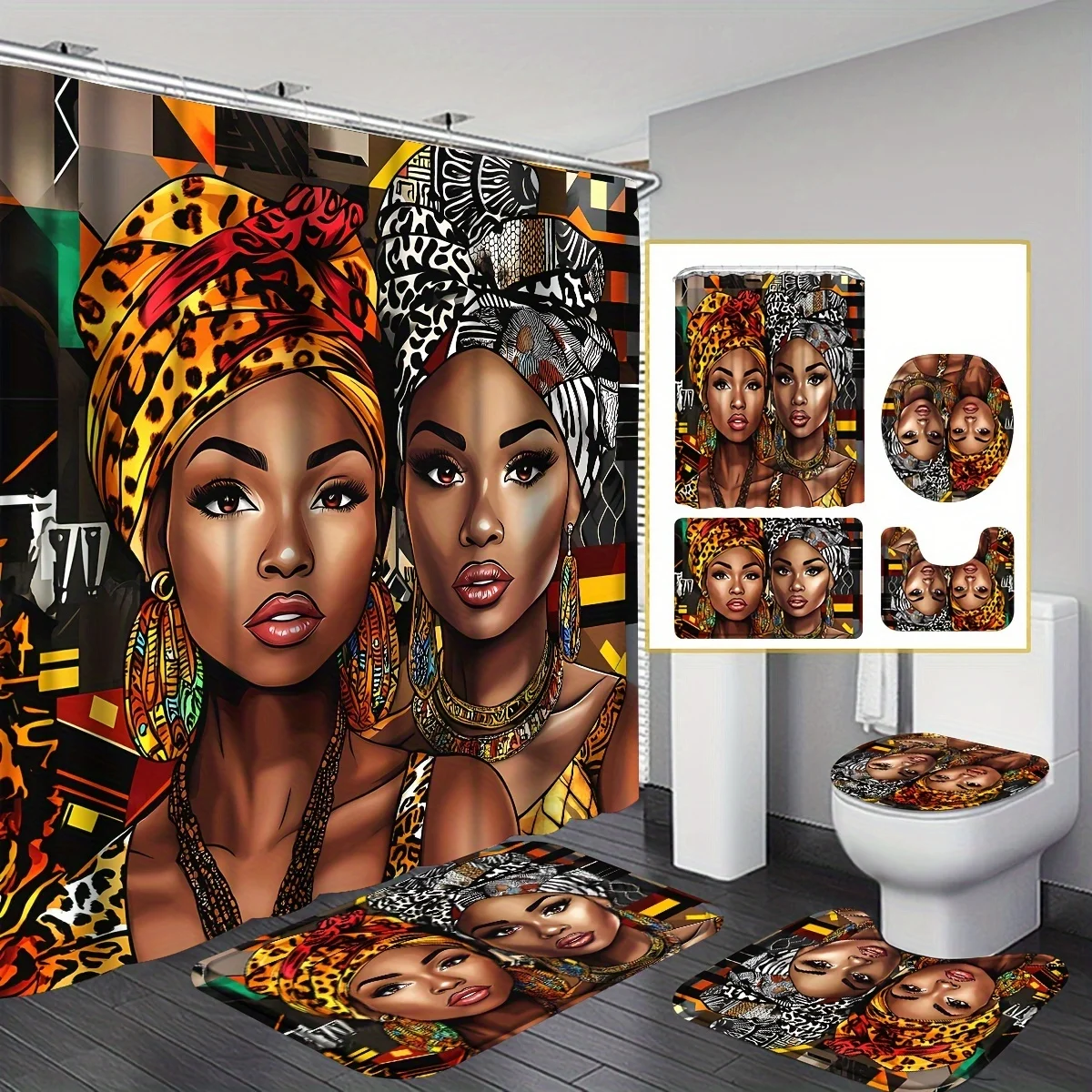 4pcs African American Woman Shower Curtain Set, Bathroom Curtain with 12 Hooks, Non-Slip, Toilet U-Shape, Seat Cover, Machine Washable Bathroom Decoration Accessories, African Theme Black Shower Curtain Gift for Women