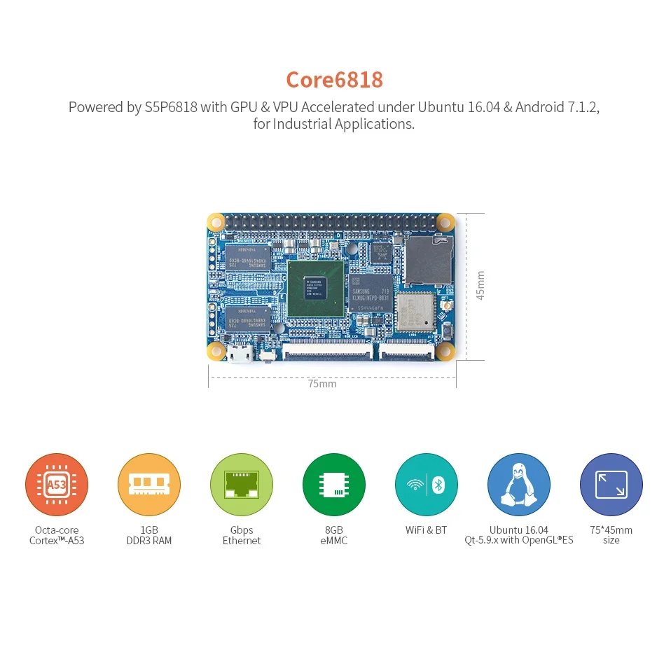 

Core6818 CPU board 1G DDR3 RAM/8G eMMC Quad Cortex-A9 Up1.4GHz,Wifi & Bluetooth,Openwrt Android7.12,Ubuntu16.04,Linux4.4