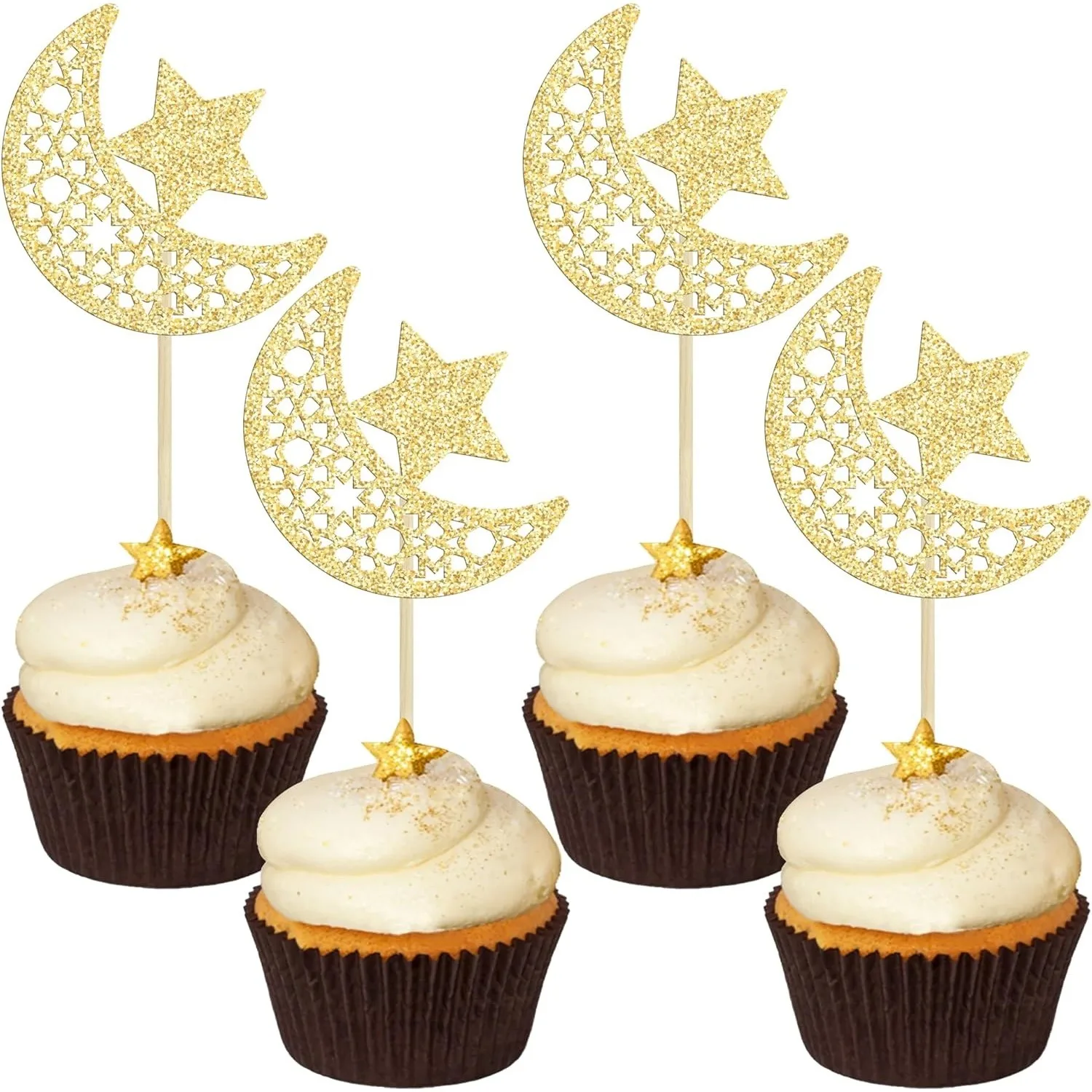 24 Stück goldene Glitzer-Eid-Mond-Stern-Cupcake-Topper für Eid Mubarak, Ramadan Kareem, islamisch, muslimisch, Hochzeit, Geburtstagsfeiern