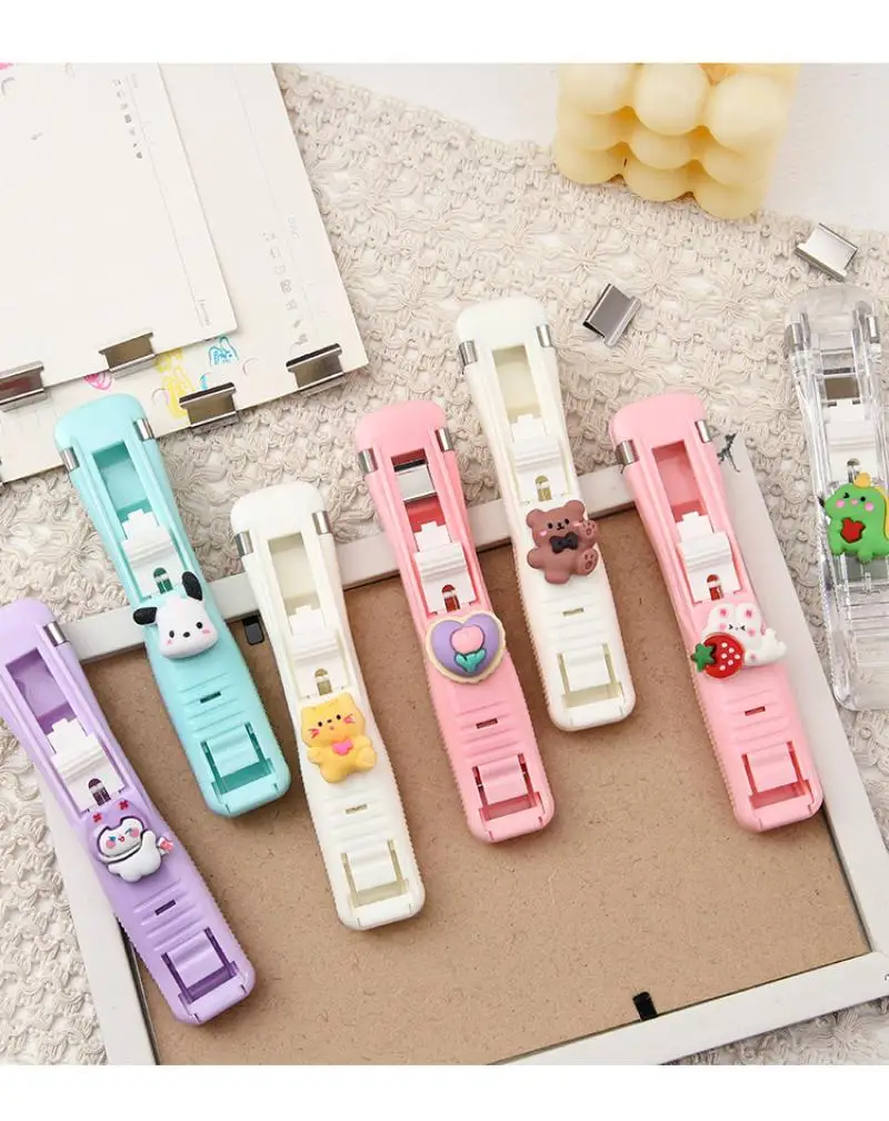 Hot Miniso Kawaii Mini Clip Pusher Hello Kitty Cartoon Household Use Office Binder Kuromi Cute Fashion Student Traceless Stapler