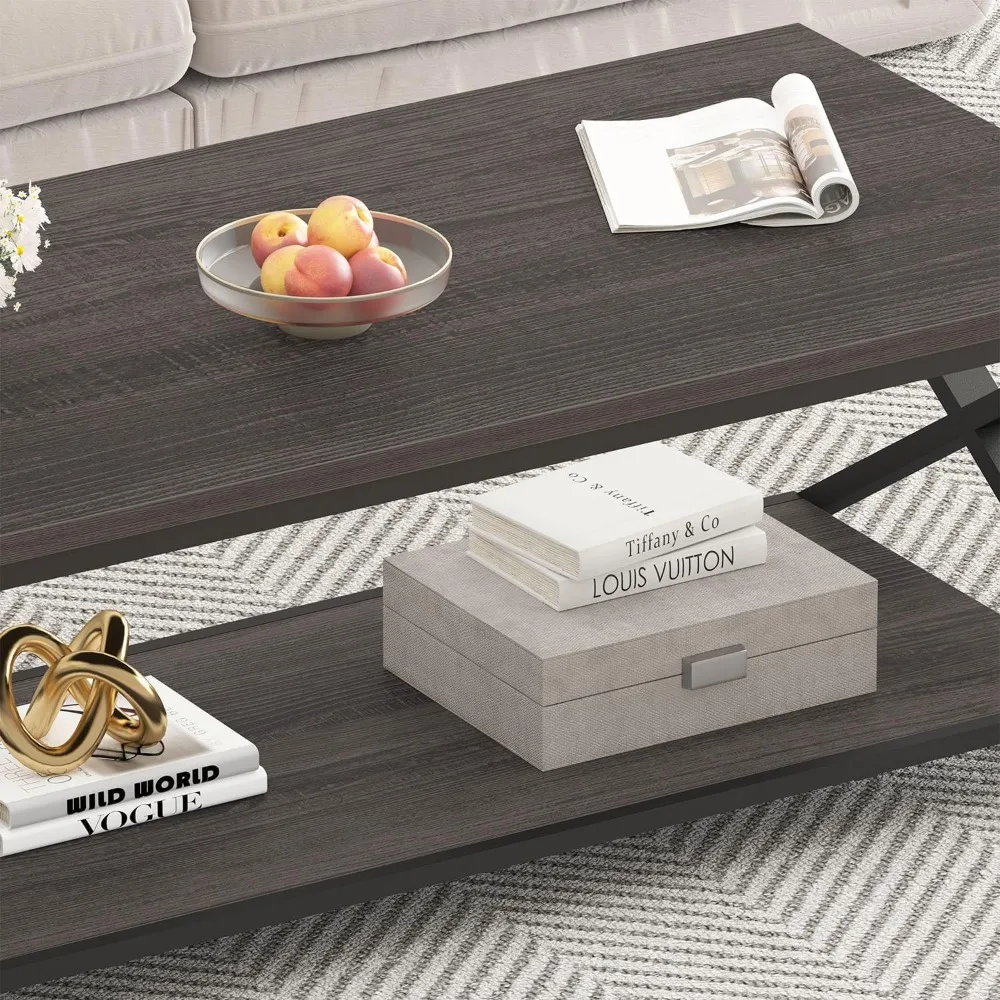 Coffee Table Modern Center Table for Living Room with Display Shelf, Simple Metal Wooden Rectangle Cocktail Tea Café Table