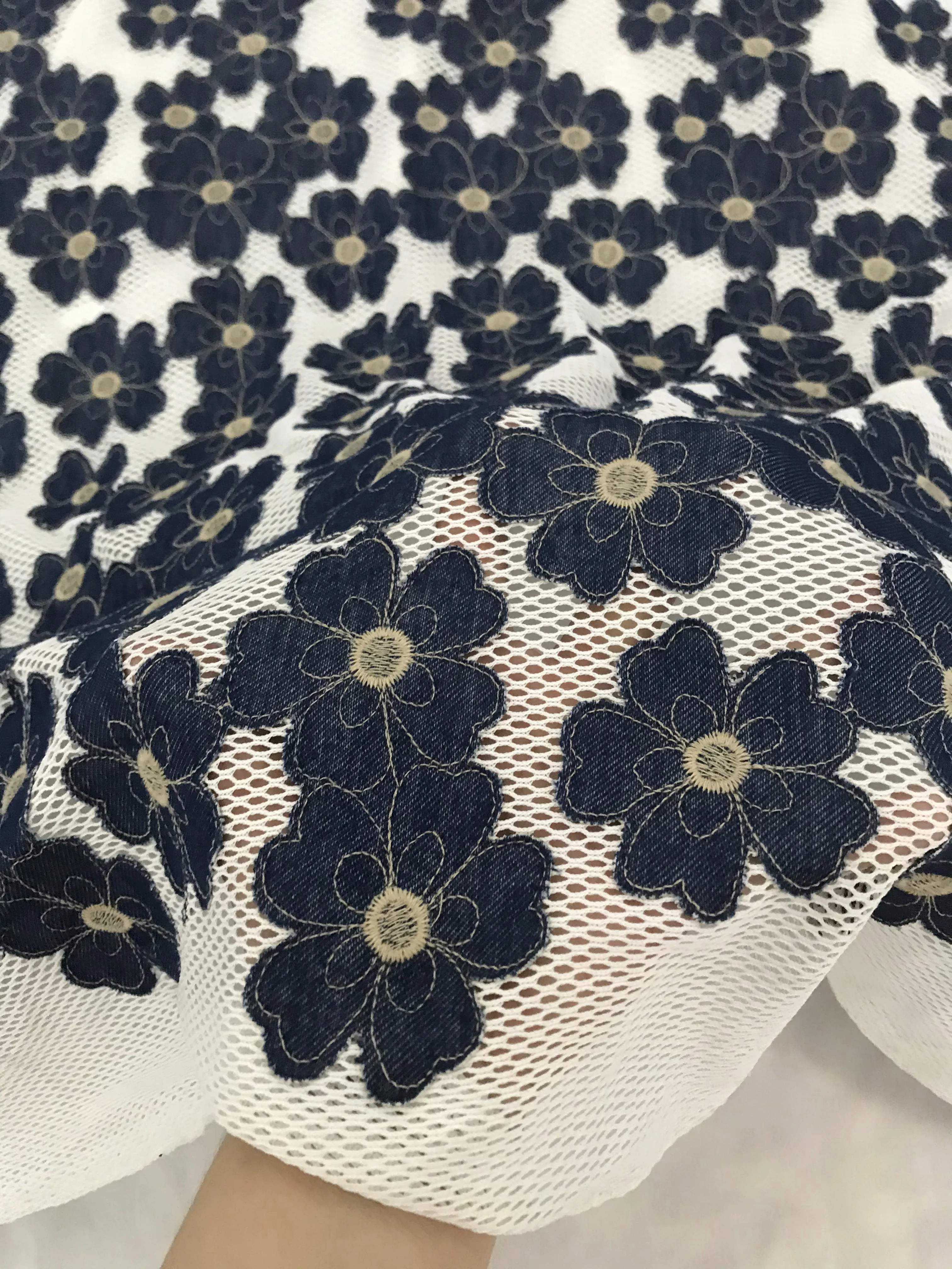 3M Good quality denim embroidered white thick mesh fabric  DIY dress fashion fabric decoration  X1005