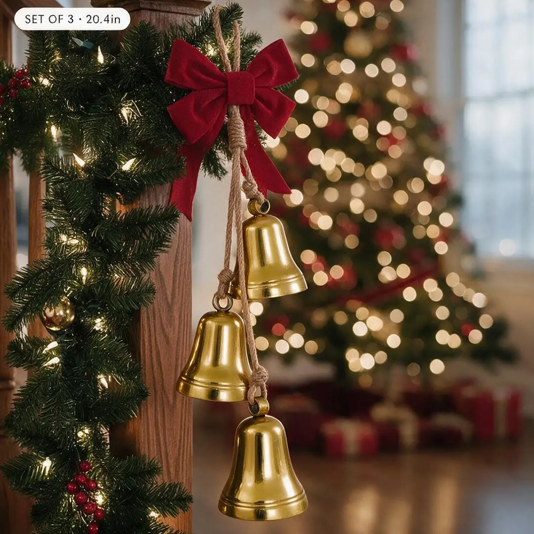 Weihnachtsglocken-Set, 3 Stück, Vintage Rustikale Goldene Metallglocken auf Juteschnur, Weihnachtsbaum-Hängeornamente, Kranz, Tür- und Wanddekoration