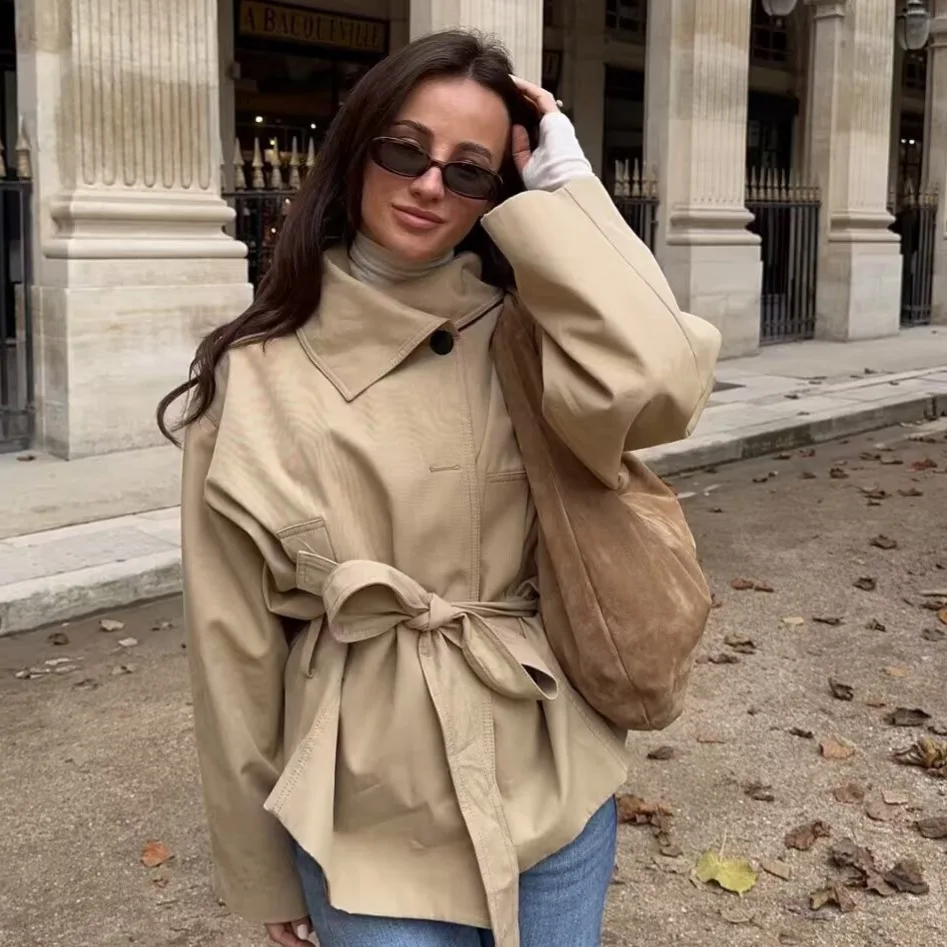 Suninbox Women's Oversized Belted Trench Coat - Classic Khaki Windbreaker for Spring Autumn Commute & Streetwear