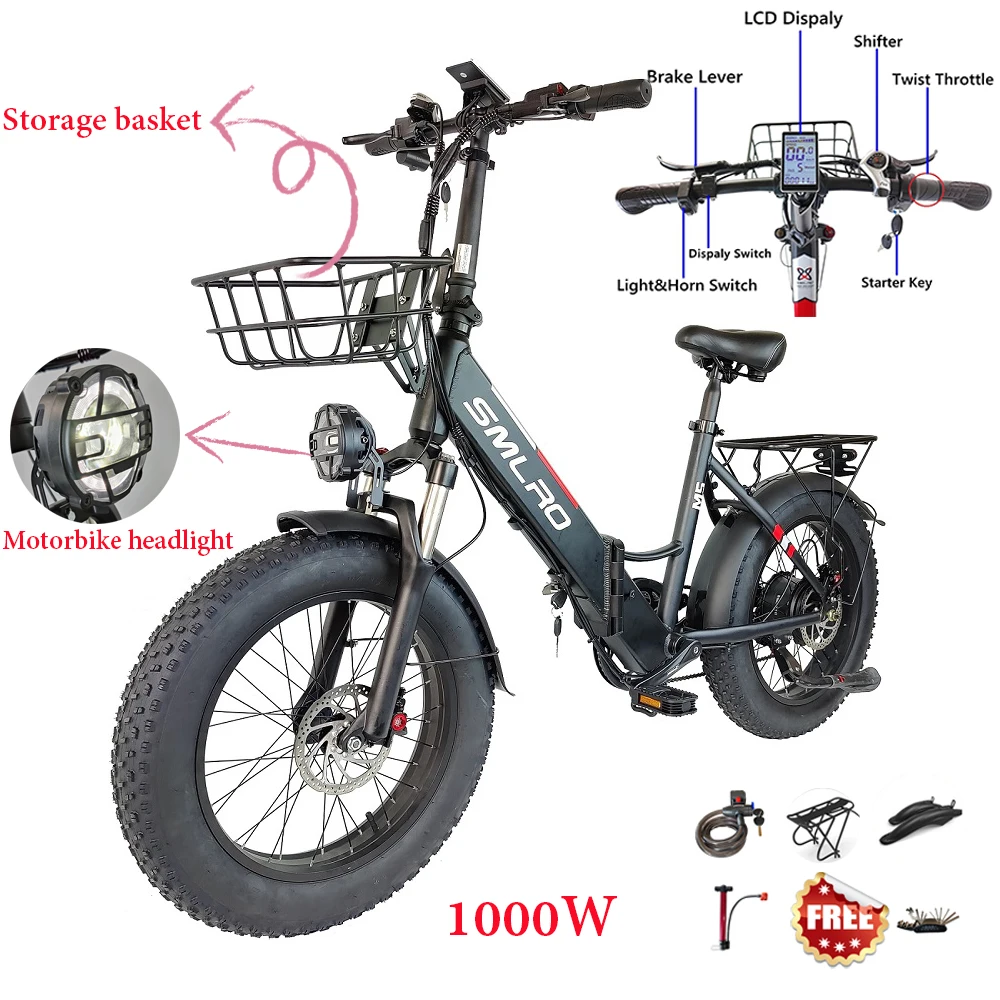 

SMLRO M5 Road Mountain Electric Bike Fat Tire Ebike 48V 10AH 1000W Folding E Bicycle for Children Women