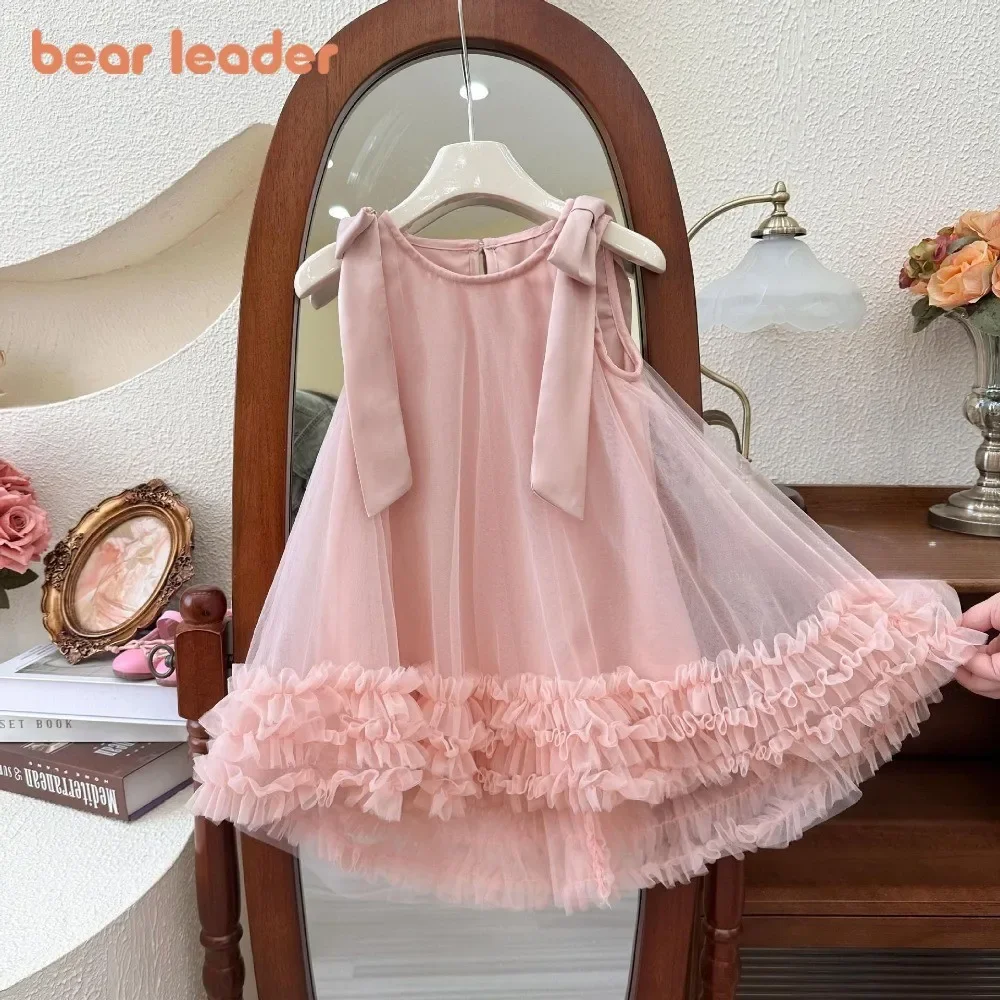 Bear Leader Summer Baby Girls Birthday Princess Dress Korean Version Bow Sleeveless Mesh Wedding Party Wear Sweet Kids Clothes