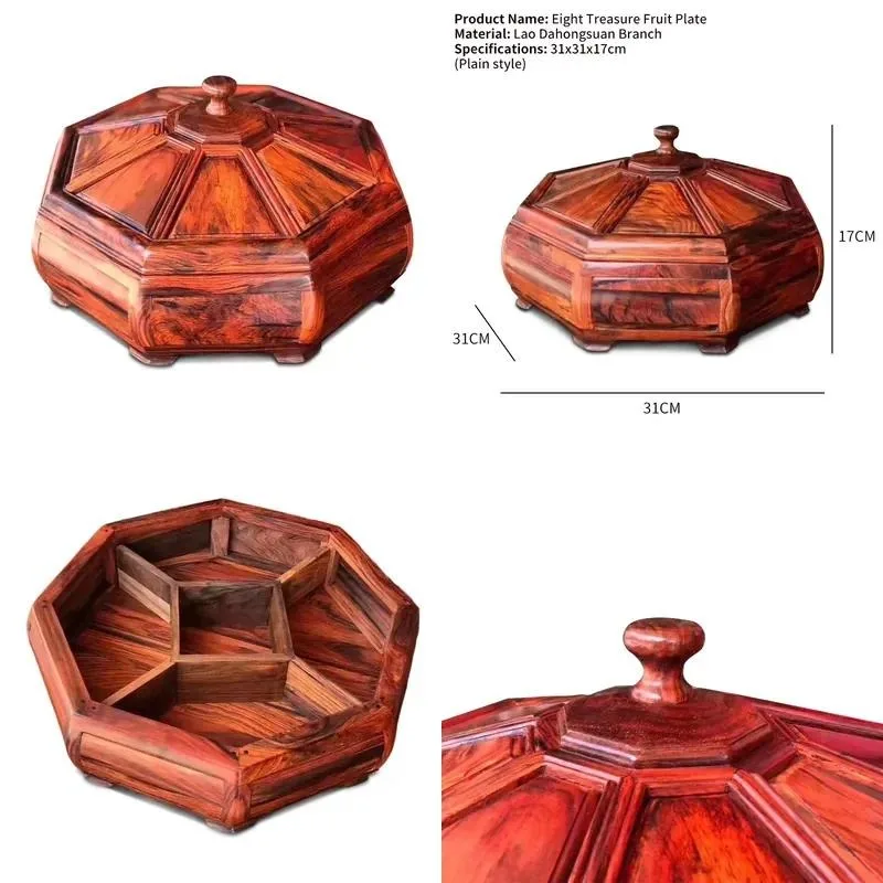 Handmade red rosewood wooden storage box folk art style hexagonal polished desktop home decoration wooden crafts