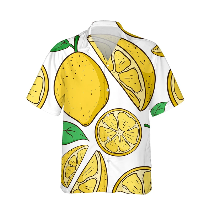 Camisas hawaianas con patrón de frutas para hombre, Camisas con estampado 3d de limón, blusas de moda, Camisas casuales de playa, camisa de solapa de vacaciones de verano