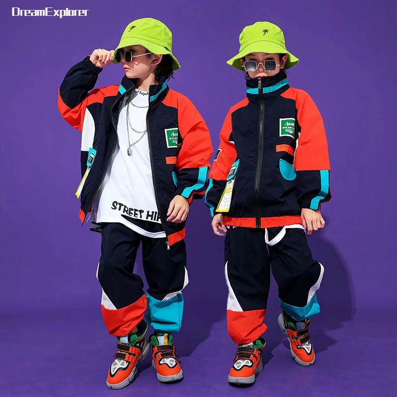 Boys Hip Hop Contrast Jacket Street Dance Loose Pants Girls Patchwork Coat Joggers Child Jazz Sport Clothes Sets Kids Streetwear