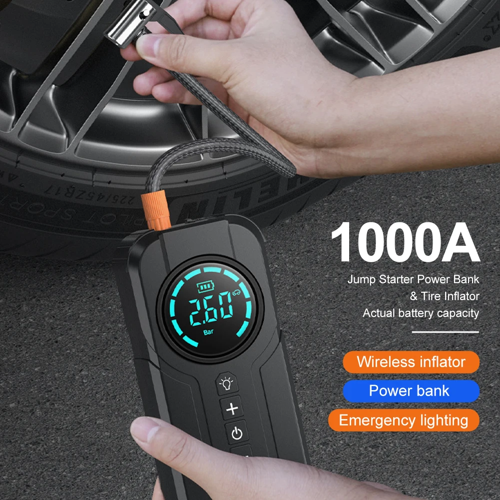 

1000A Car Jump Starter Power Bank with Tire Inflator Portable Air Pump Air Compressor Battery Booster with EVA Storage Bag LED