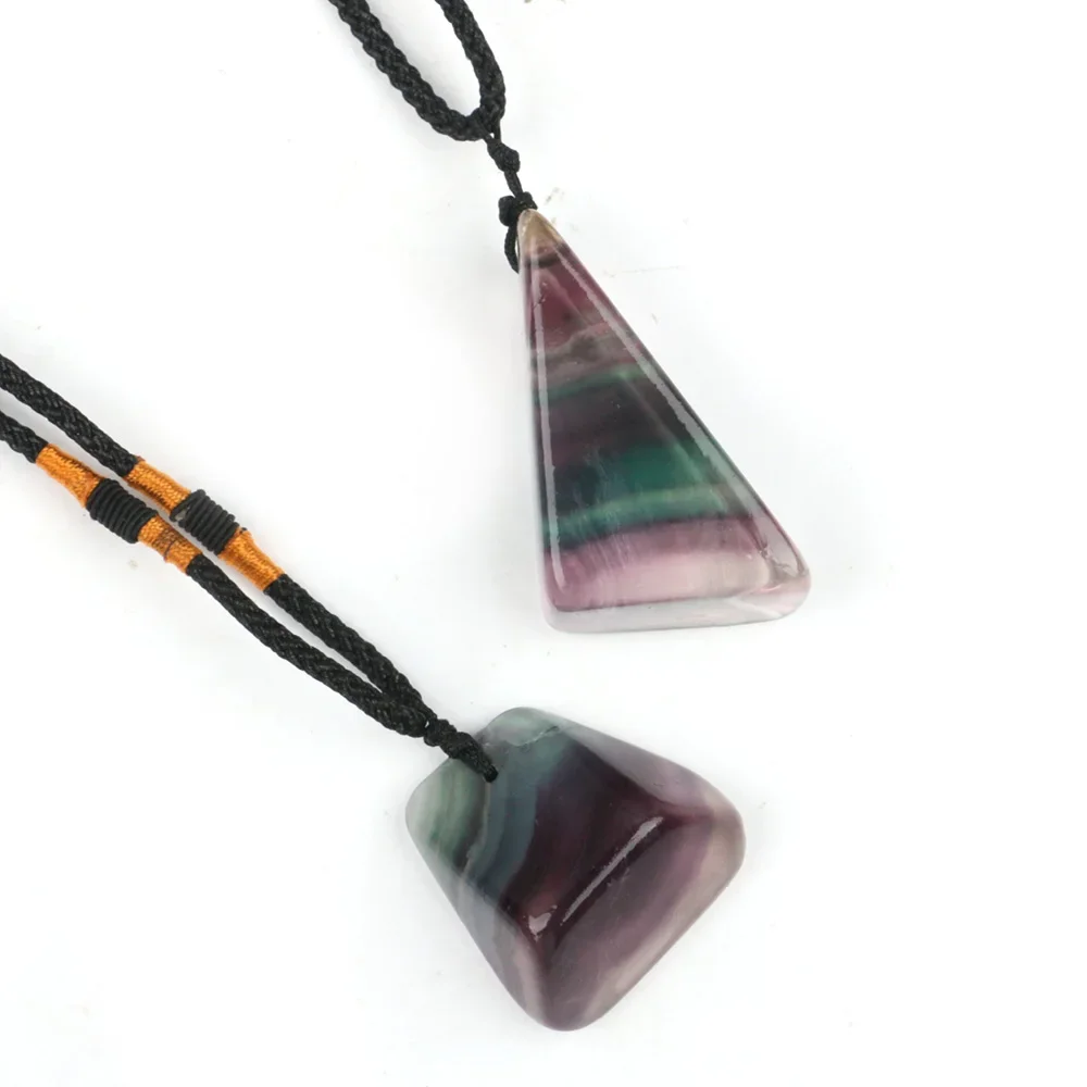 Rainbow Fluorite Pendant 1PC Irregular Shape Reiki Natural Crystal Slice Raw Quartz Gemstone Necklaces Black Rope for Women Gift