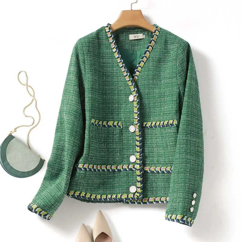 

Women's V-neck coarse woolen coat 2025 new spring/autumn small fragrance woven top coat