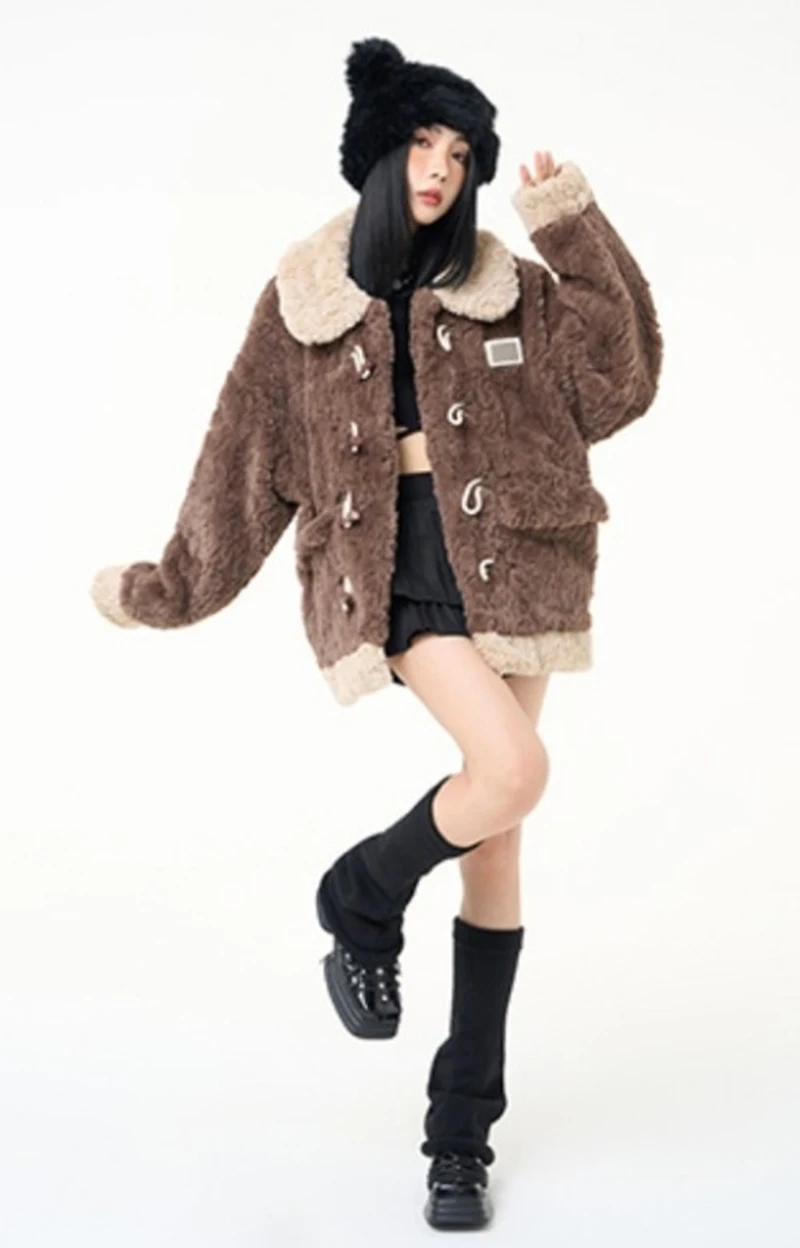 Chic Brown Women Shearling Jacket Toggle Button Coat Contrast Collar Loose Cozy Preppy Streetwear Winter Outerwear Top