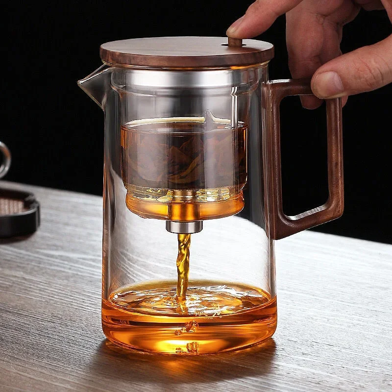 

Infuser Filter With Water Separation Teapot Walnut Tea Click Handle Wood Filtering Glass Pot Inner Container One