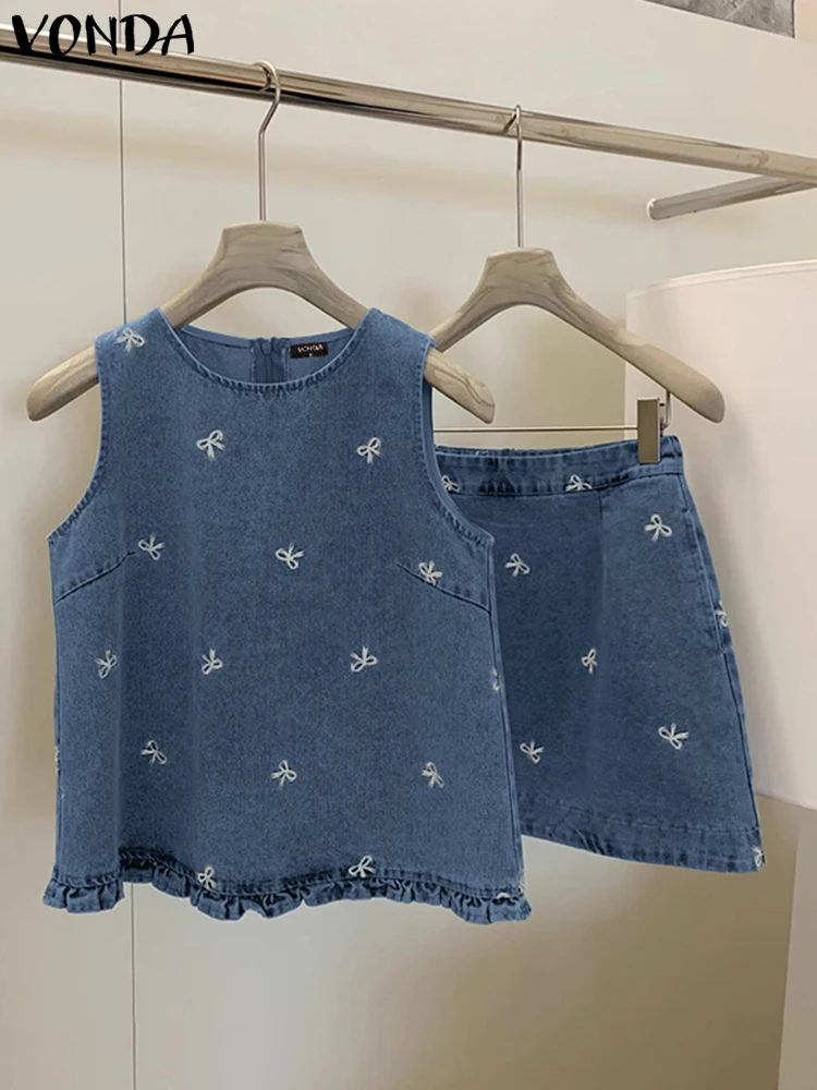 

VONDA Sweet Джинсовые комплекты платьев для женщин 2023 Лето с бантом и принтом Корейские комплекты из двух предметов Топы без рукавов и мини-юбка Свободные комплекты из 2 предметов