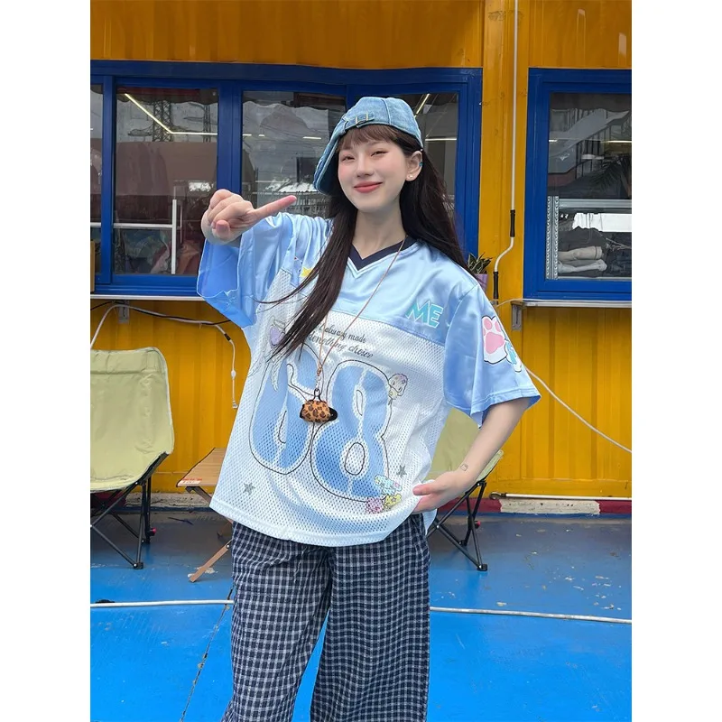

Ins College Style Contrast Cartoon Printed V-neck Shirt Women's Mesh Breathable Short Sleeve Men's Loose Casual Top
