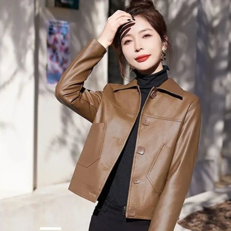 

2025 New Fashion Short Leather Jacket for Women Casual Lapel Biker Style Outerwear Versatile Spring Autumn Coats