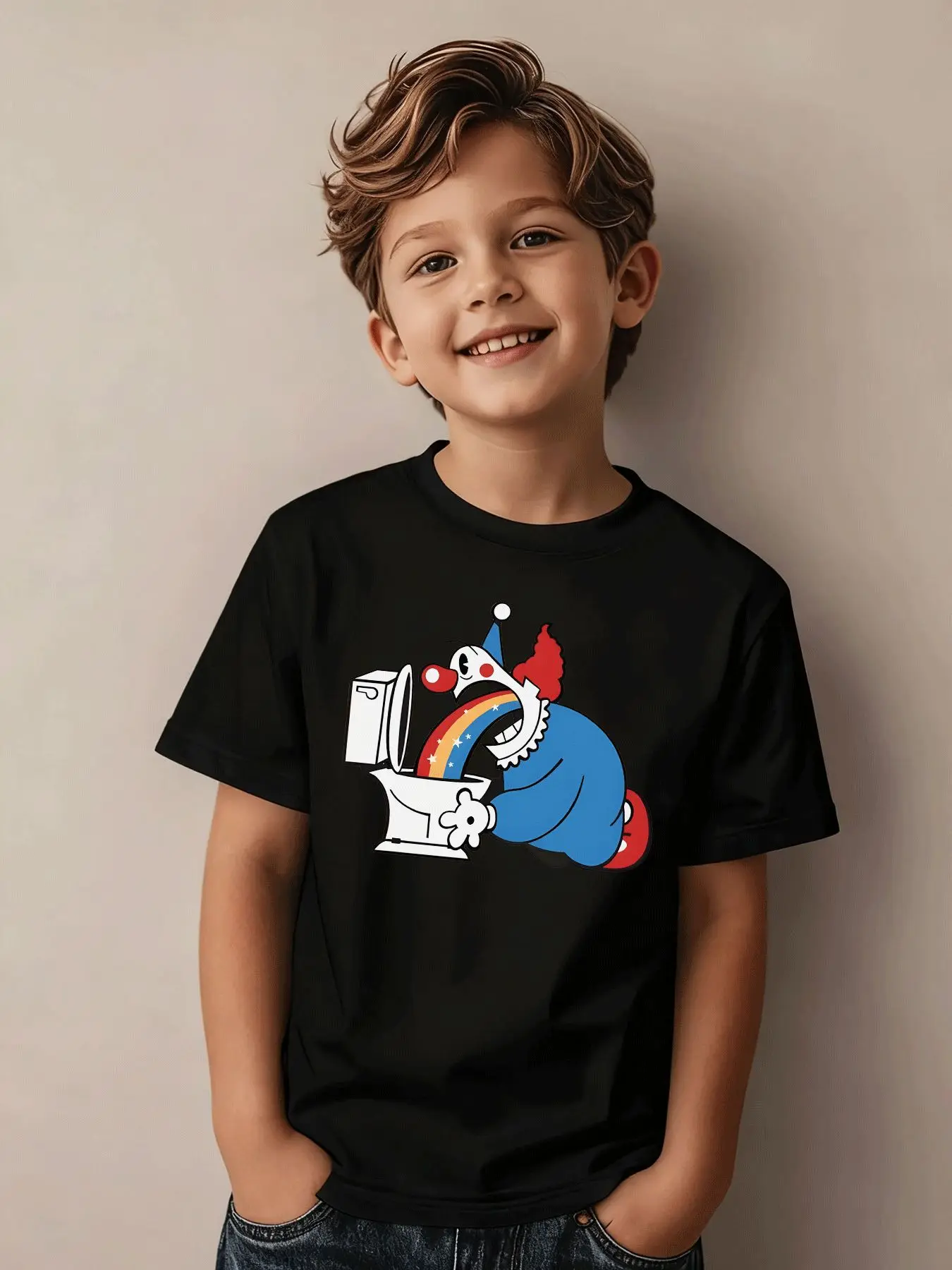 Cartoon Joker Rainbow Printed Children's T-shirt Fashion and Creative Summer Round Neck Casual Parent Child Top