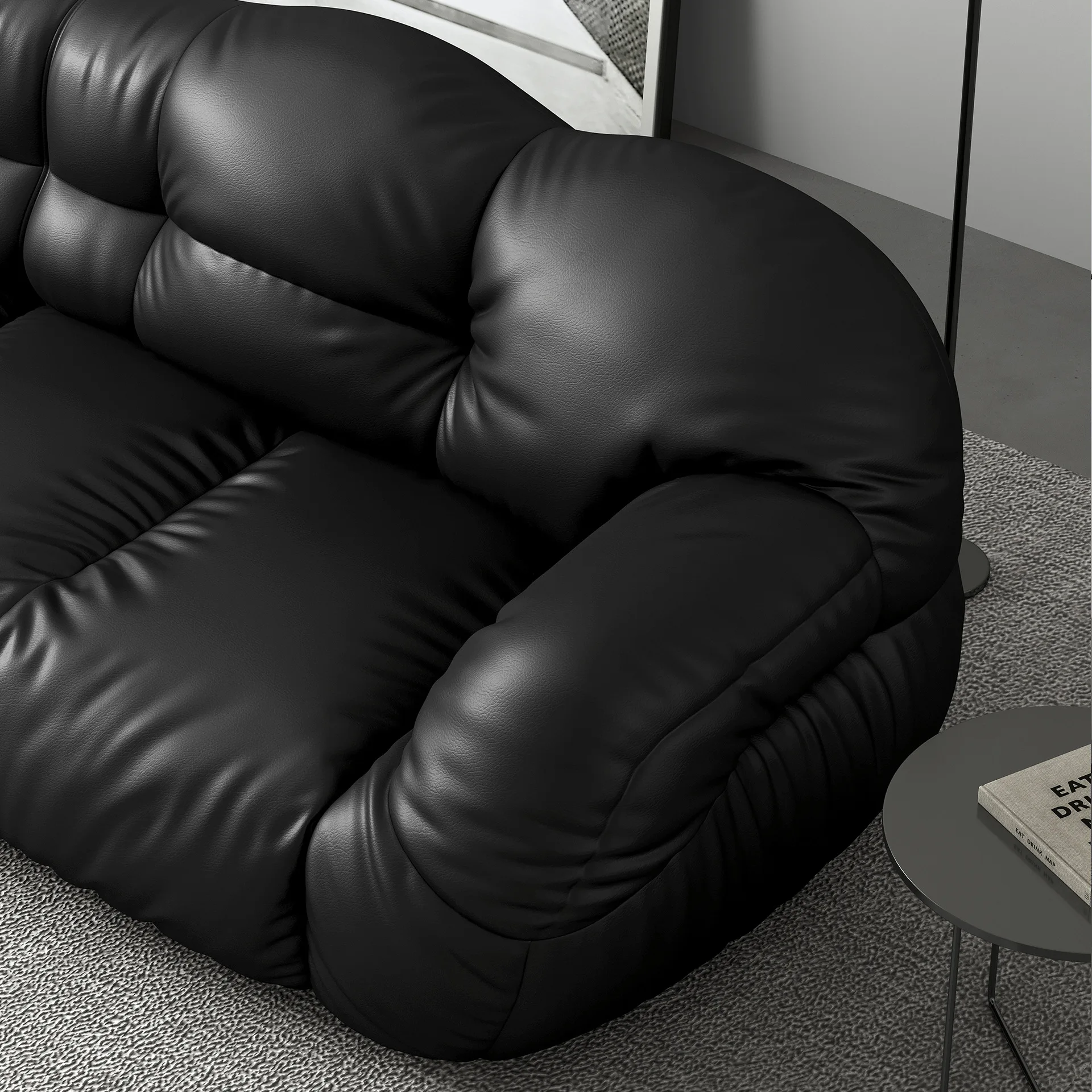 Sofá italiano minimalista de cuero para tres personas, fila recta retro negra de diseño