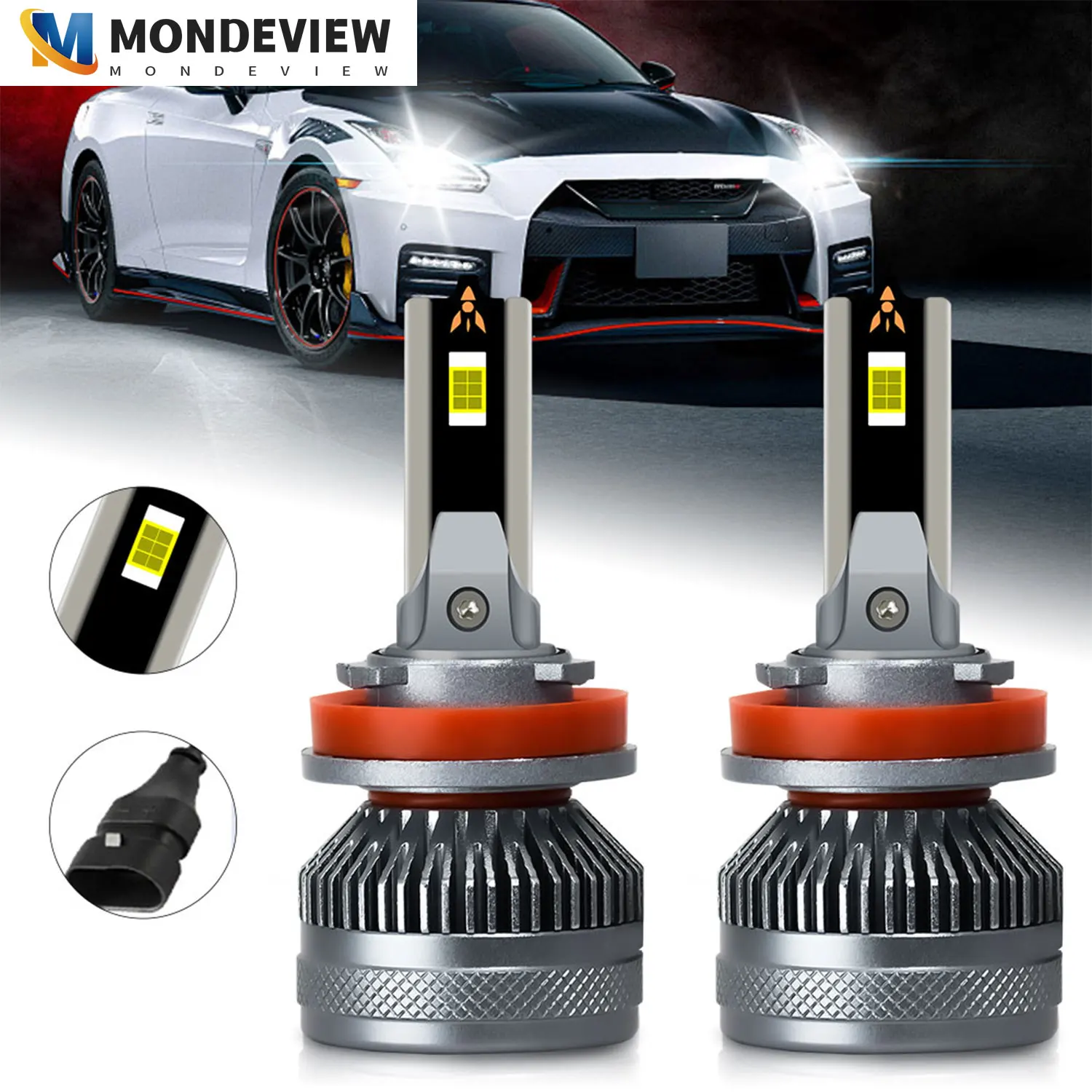 MONDEVIEW A2 H1 H4 H7 H11 9005 9006 Double Copper Tube LED Car Headlights 6000K 450W High Power 50000LM Daytime Running Lights