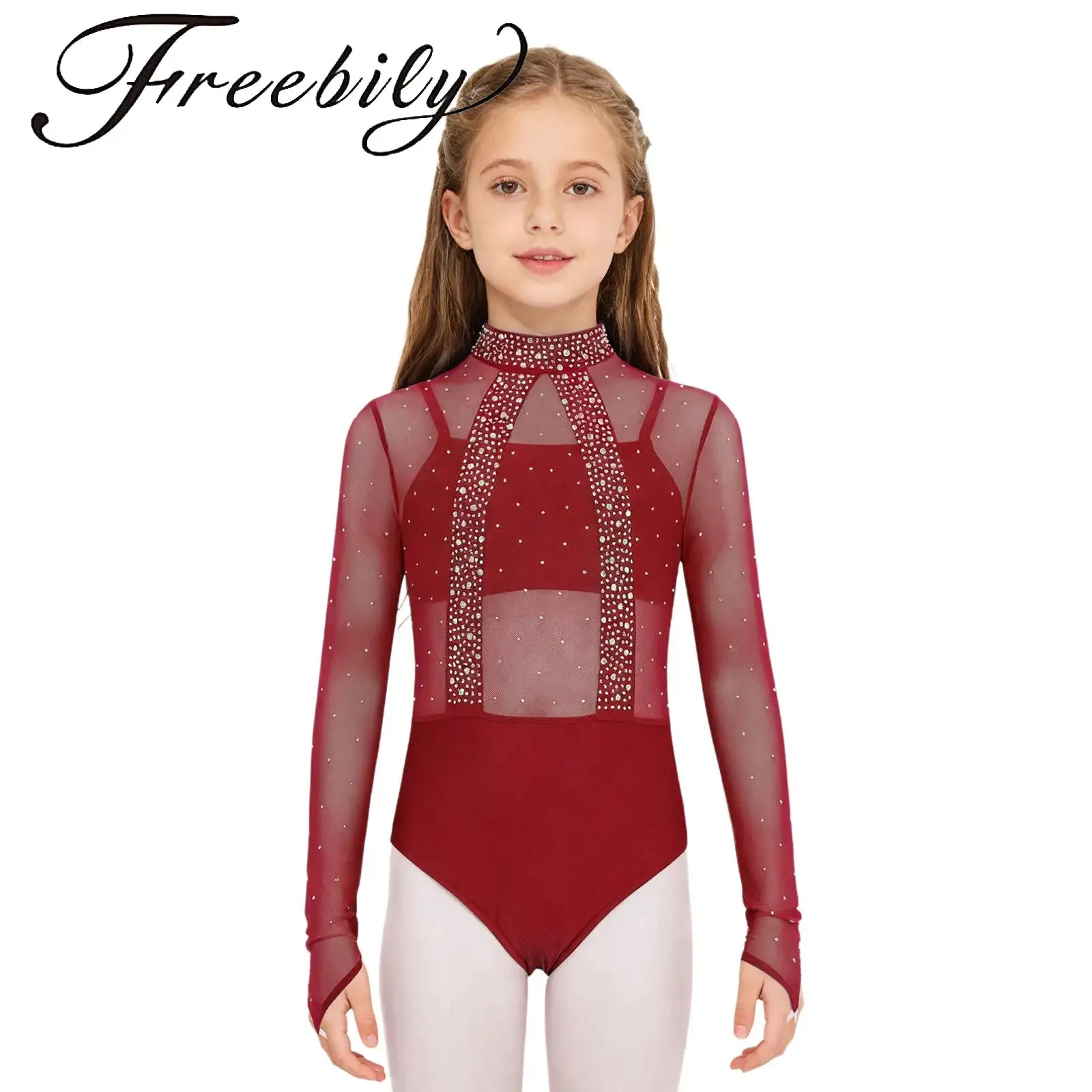 

Kids Girls Sheer Mesh Dance Leotard Mock Neck Long Sleeve Cutout Back Shiny Rhinestones Bodice Gymnastics Leotard with Camisole