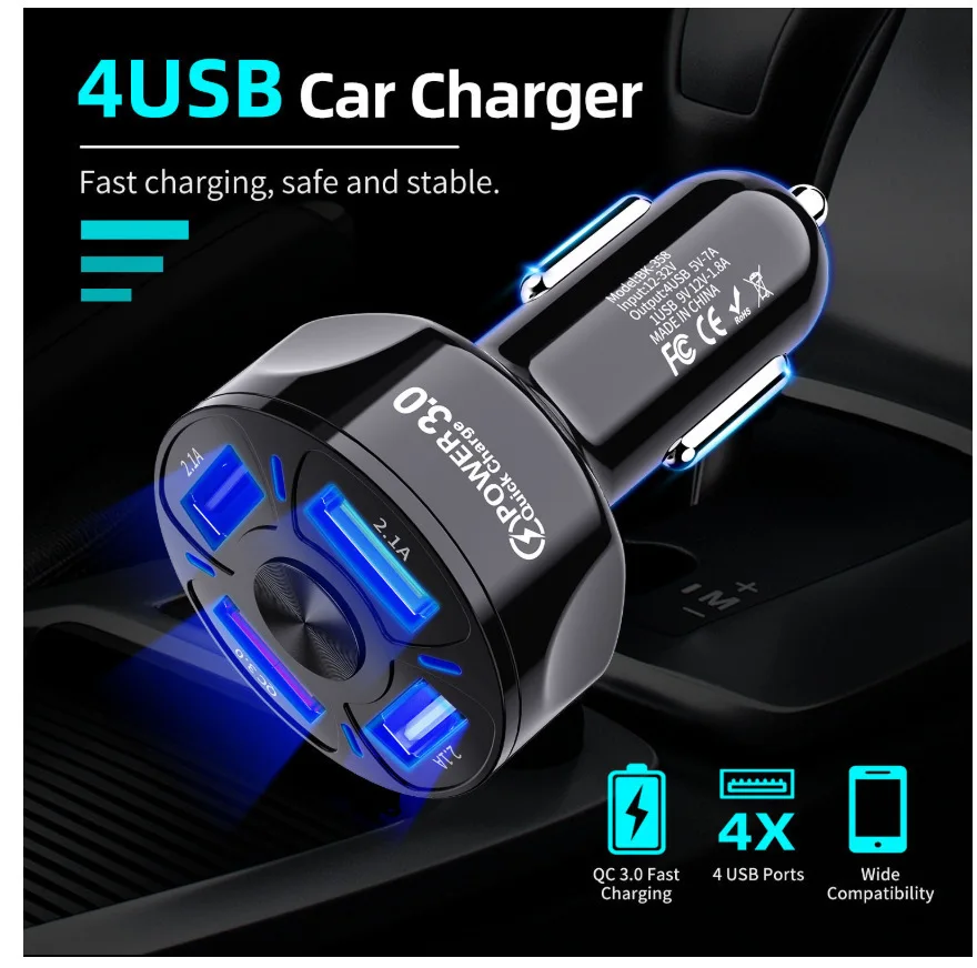 4 Ports QC3.0 Car Charger Fast Charging Quick Charge 35W USB Car Phone Charger Cigarette Lighter Adapter For iPhone Samsung