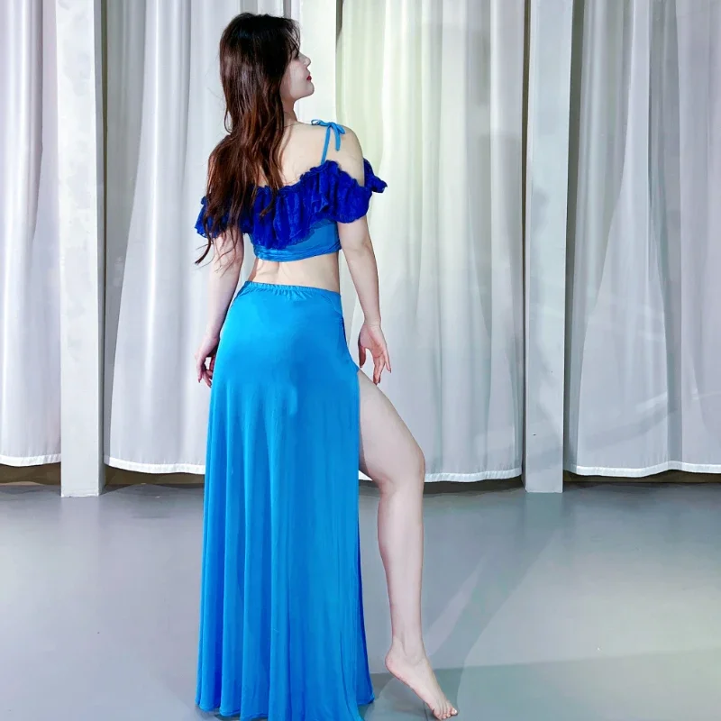 Terno de treinamento de dança do ventre malha renda superior + sexy divisão saia longa 2 pçs feminino dança oriental roupas de prática profissional