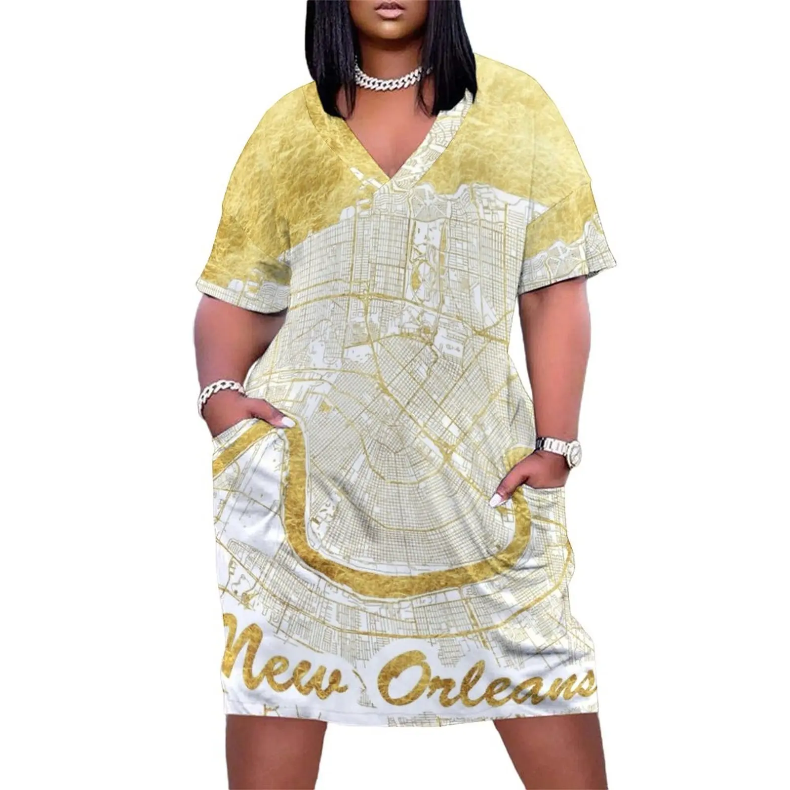 

New Orleans Map Gold Loose Pocket Dress women"s summer clothing 2024 luxury woman party dress Long dress