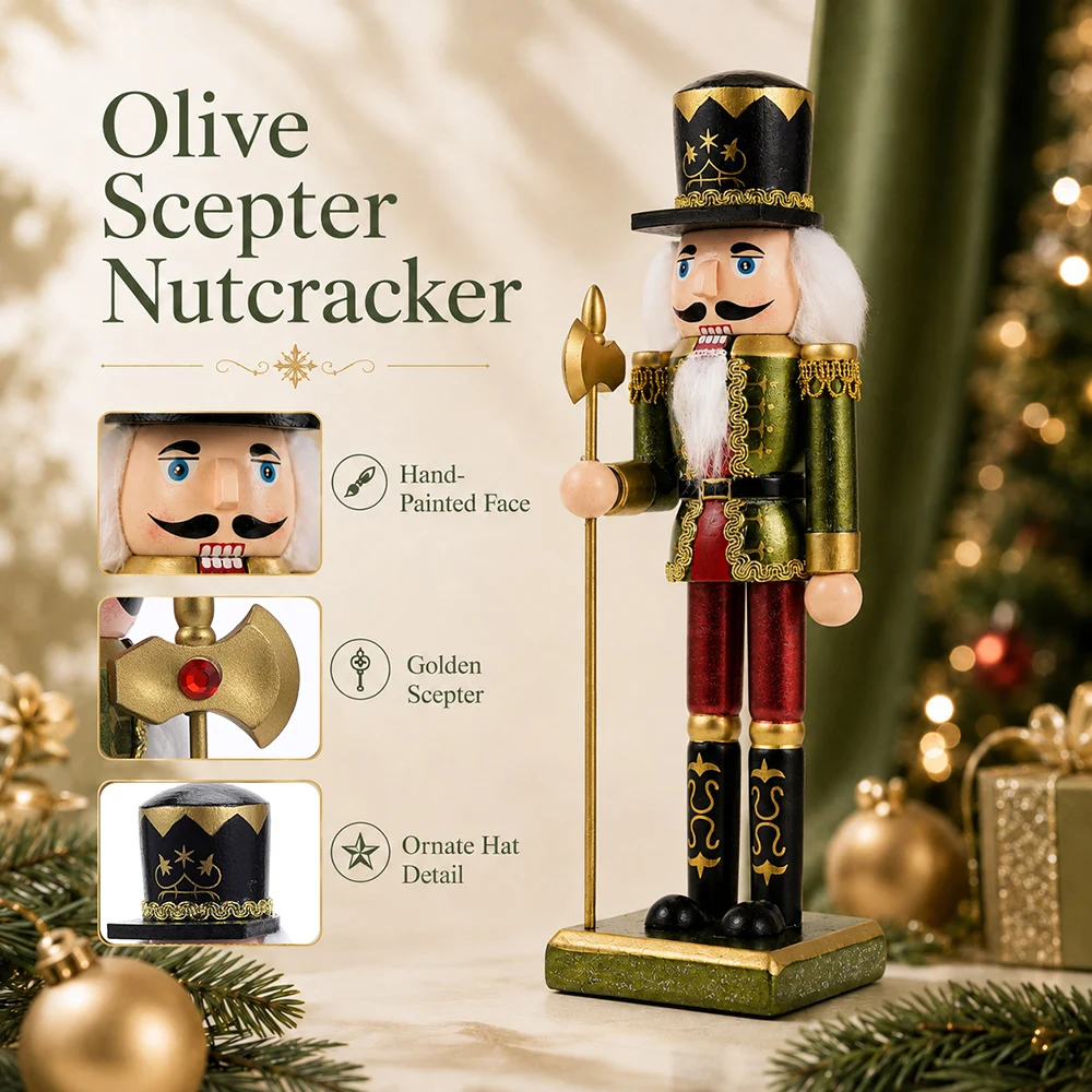 25CM Christmas Nutcracker Scepter King Wooden Handcraft Doll Ornament Desktop Statue Home Holiday Party Decoration Xmas Gift
