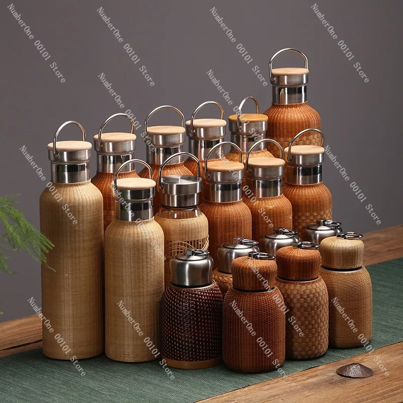Vintage Bamboo Woven Insulated Thermos Cup Portable Travel Tea Mug Outdoor Warm Water Bottle 304 Stainless Steel Teapot Leak