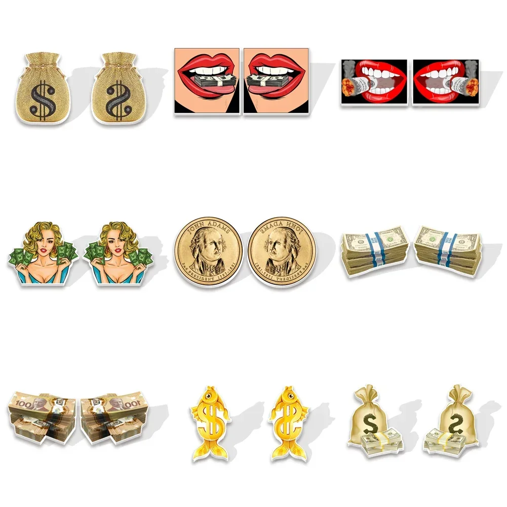 Unusual Earrings Dollar Pattern Acrylic Stud Earrings For Girls Gift Jewelry Accessories