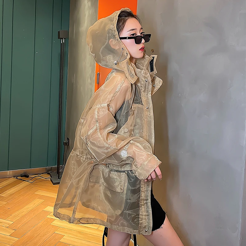 2022 Summer Sun Protection Jacket Women Hooded Windbreaker Zipper Organza Coat Pocket Fashion Print Loose Thin Jacket Female