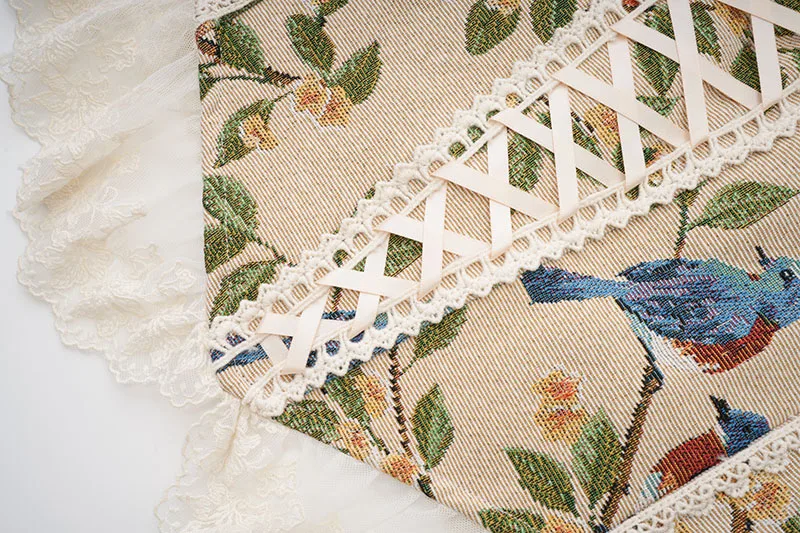 Leaf Bird Printed And Lace Spaghetti Strap Gothic Corset Crop Top Vest Women Lace Up Bodice Frence Rennaisance Retro Bustier