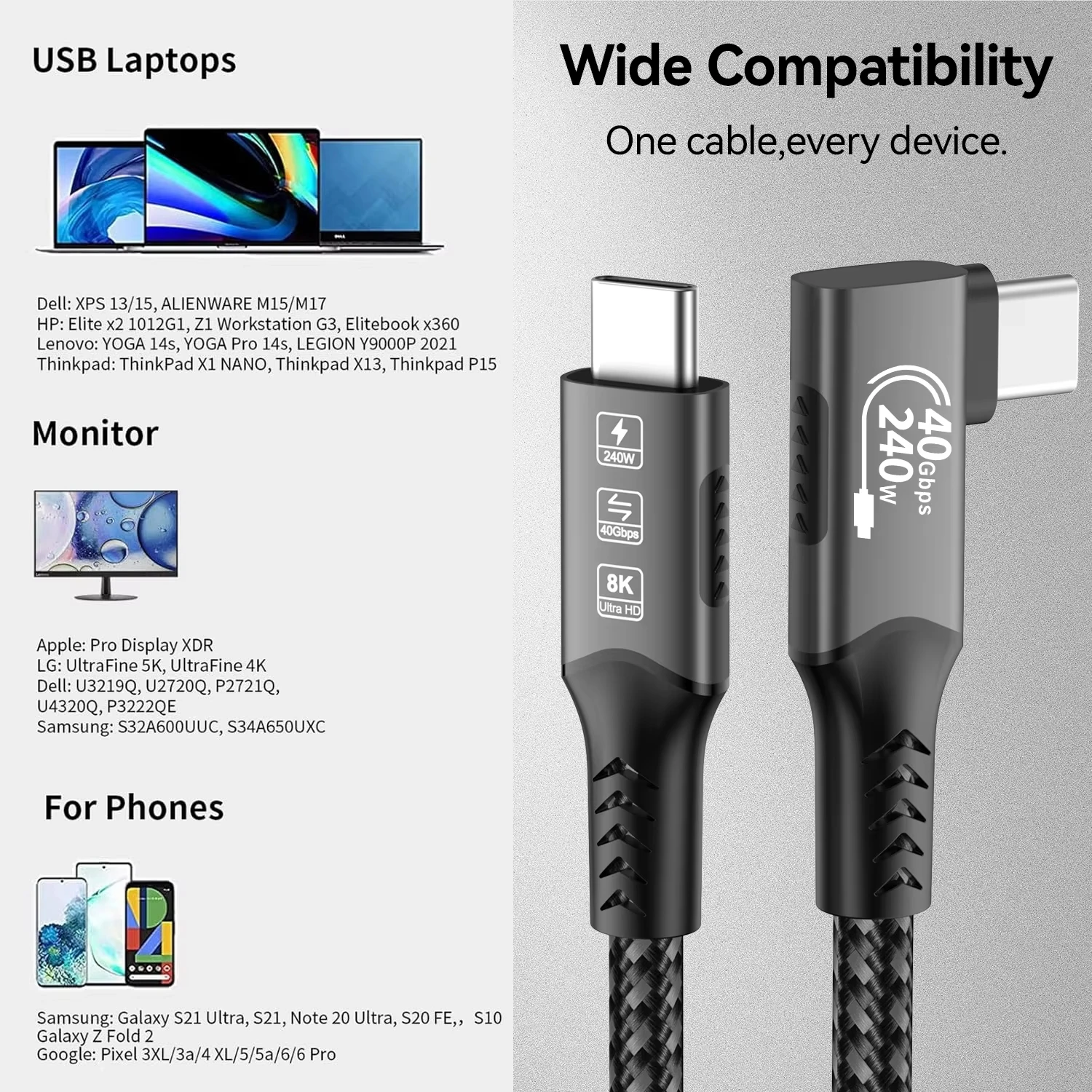 كابل USB4 من النوع C إلى النوع C 240 وات Thunderbolt 3/4 متوافق مع شاشة الكمبيوتر كابل بيانات شحن فائق السرعة بدقة 8K HD