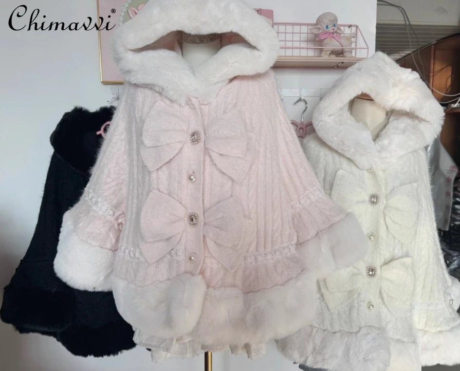 Manteau cape japonais Liz Furry Whole pour femmes, série Sweet Girls, joli nœud, manteau Lolita Kawaii à capuche princesse, automne et hiver