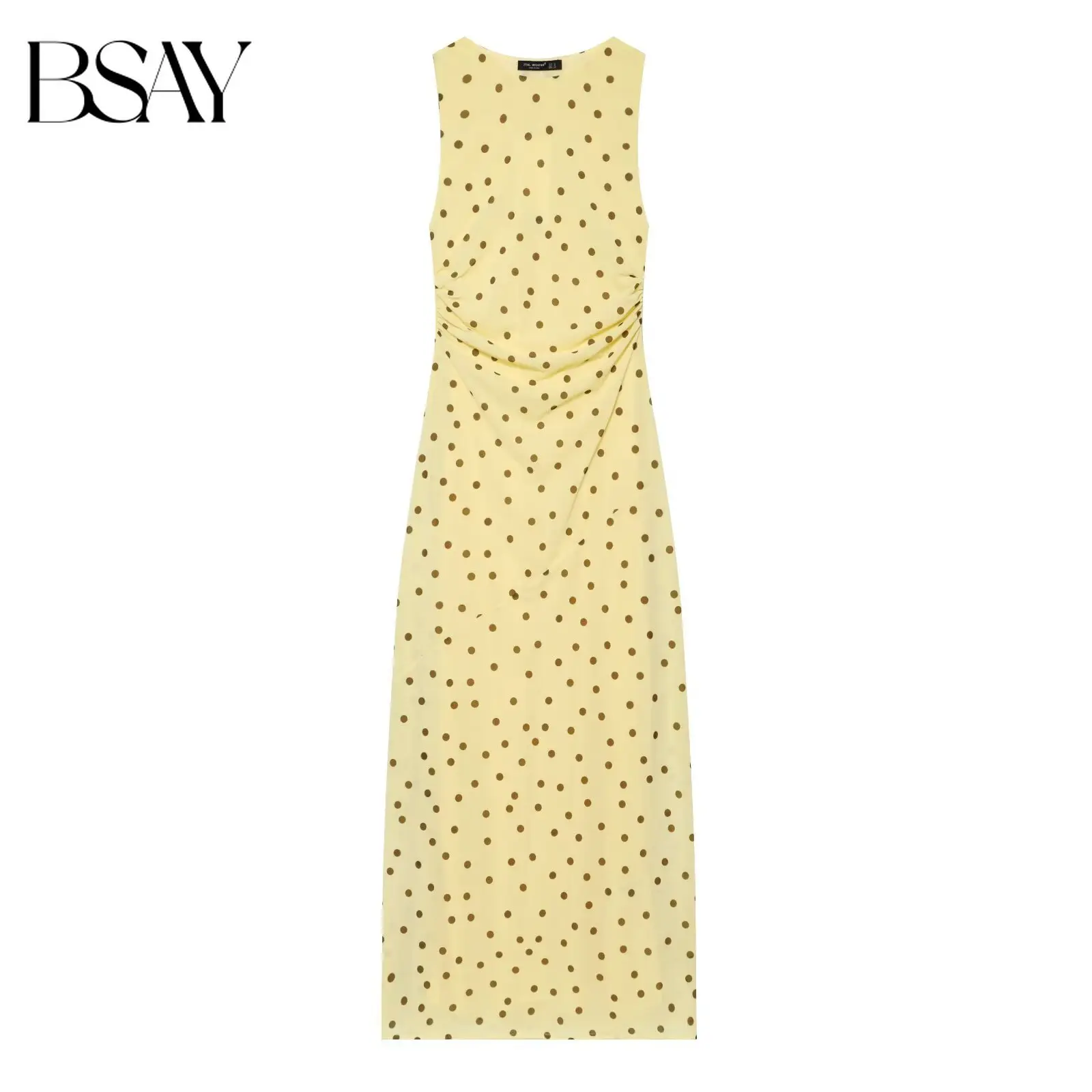 BSAY 2026 Damen Gelbes Gepunktetes Maxikleid Ärmellos Rundhalsausschnitt Taille Gerafft Elegantes Langes Kleid Sommer Casual Partykleider