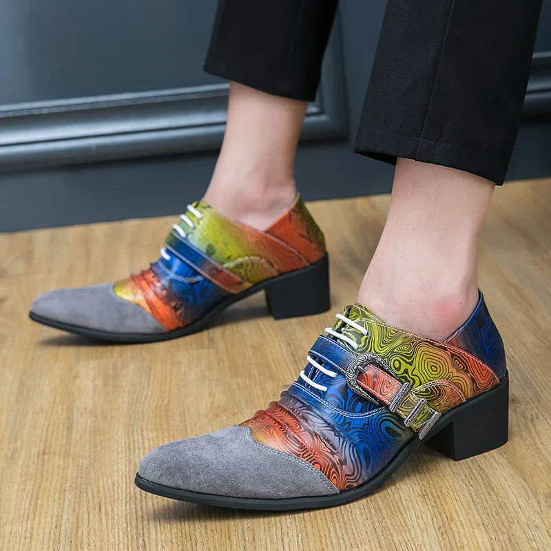 Fashion Colorful Printed Man Dress Shoes Leather High Heel Shoes Men's Wedding Shoes Pointed Buckle Strap Design Men Party Shoes