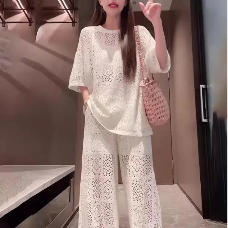 

New New Summer Hollow Out Women's Tracksuit High End Elegant Casual Loose Short Sleeve O-neck Top + Wide Leg Pants 2 Piece Set