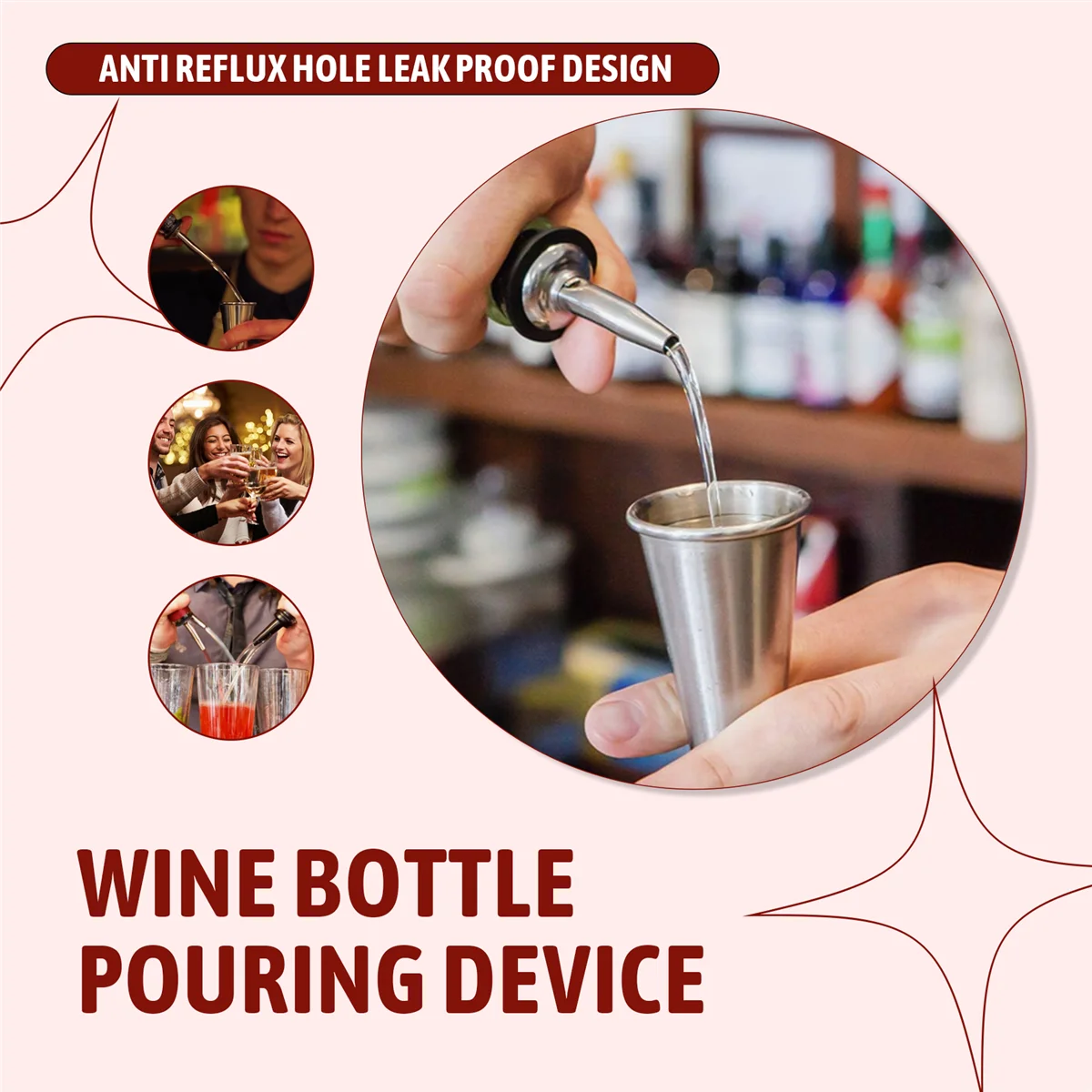 

B-T 6Pcs Stainless Steel Pourers,Speed Pourer, Liquor Bottle Pourers and Vinegar Tapered Stopper Spout,with Sealed Dust Caps