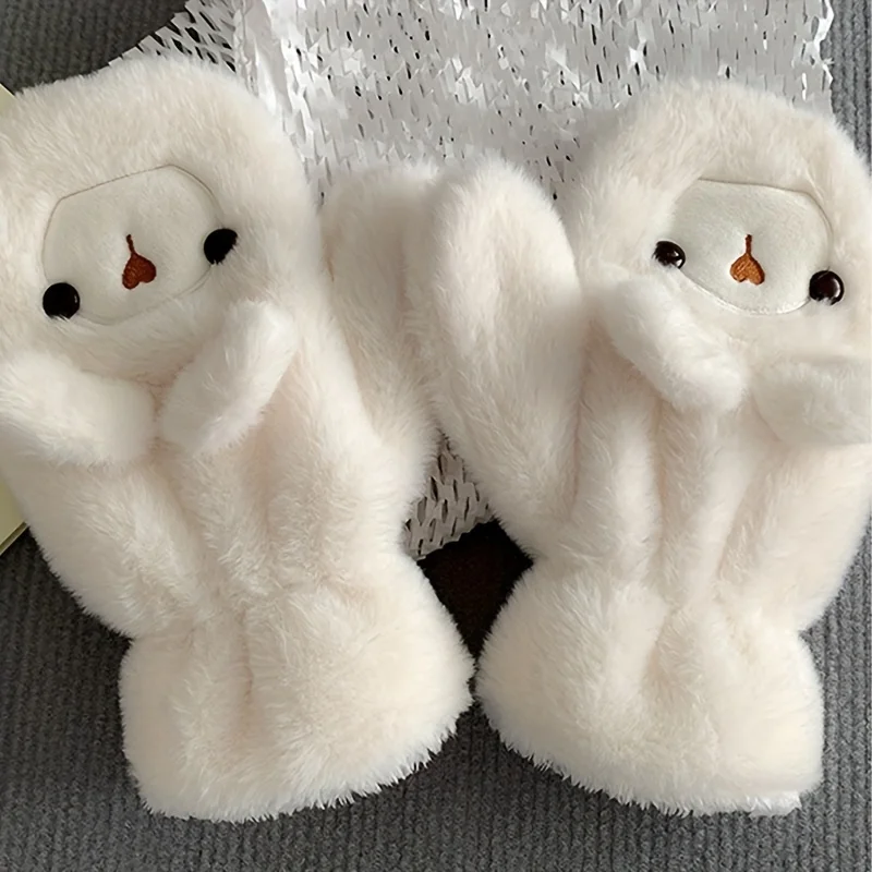 طقم قفازات وقفازات شتوية لطيفة على شكل دمية دب قطيفة مكونة من قطعتين، مع قبعة دافئة سميكة مقاومة للرياح والبرد وحماية الأذن