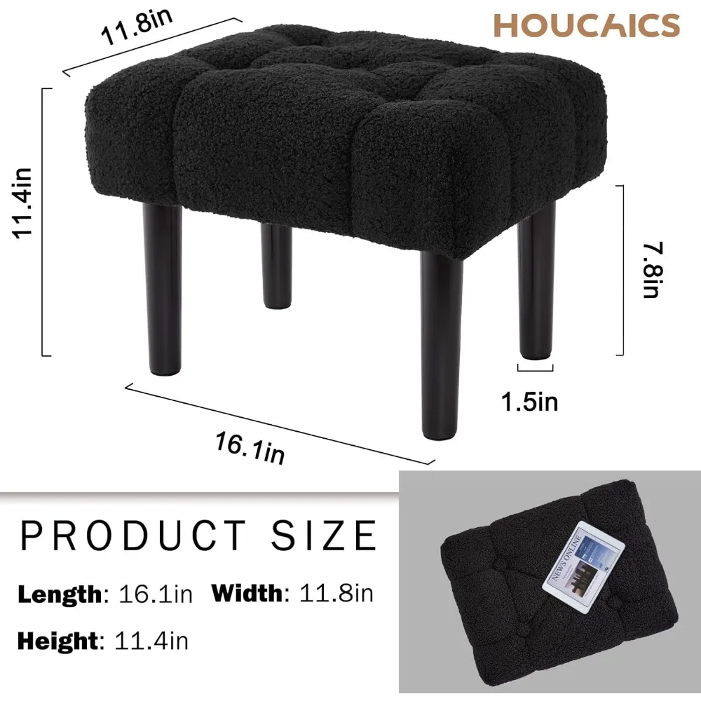 Fur Padded Foot Stool, Small Ottoman Foots Rest with Wooden Legs,Modern Rectangle Chair Foot Rest Foots Step Stool for