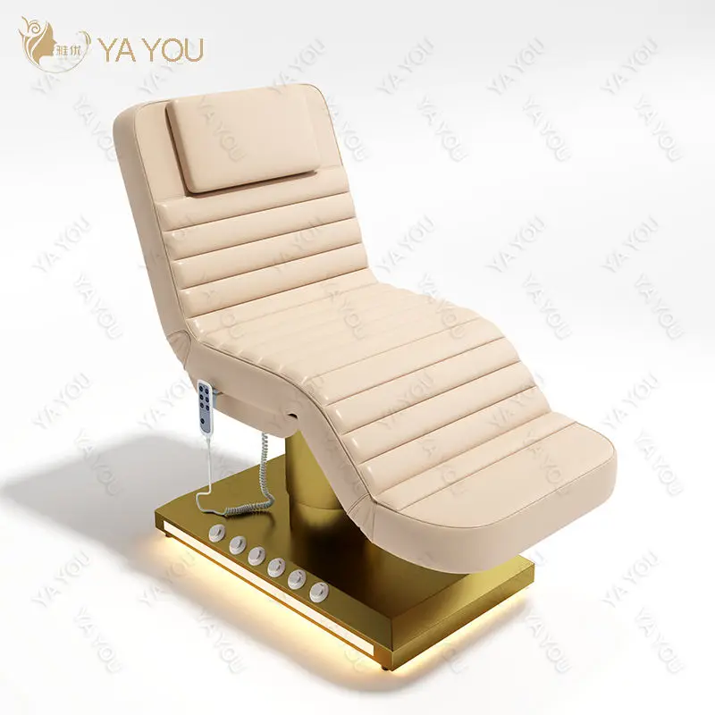 Electric 3-Motor Adjustable Facial Massage Bed With Gold Stainless Steel Base And Foot Control